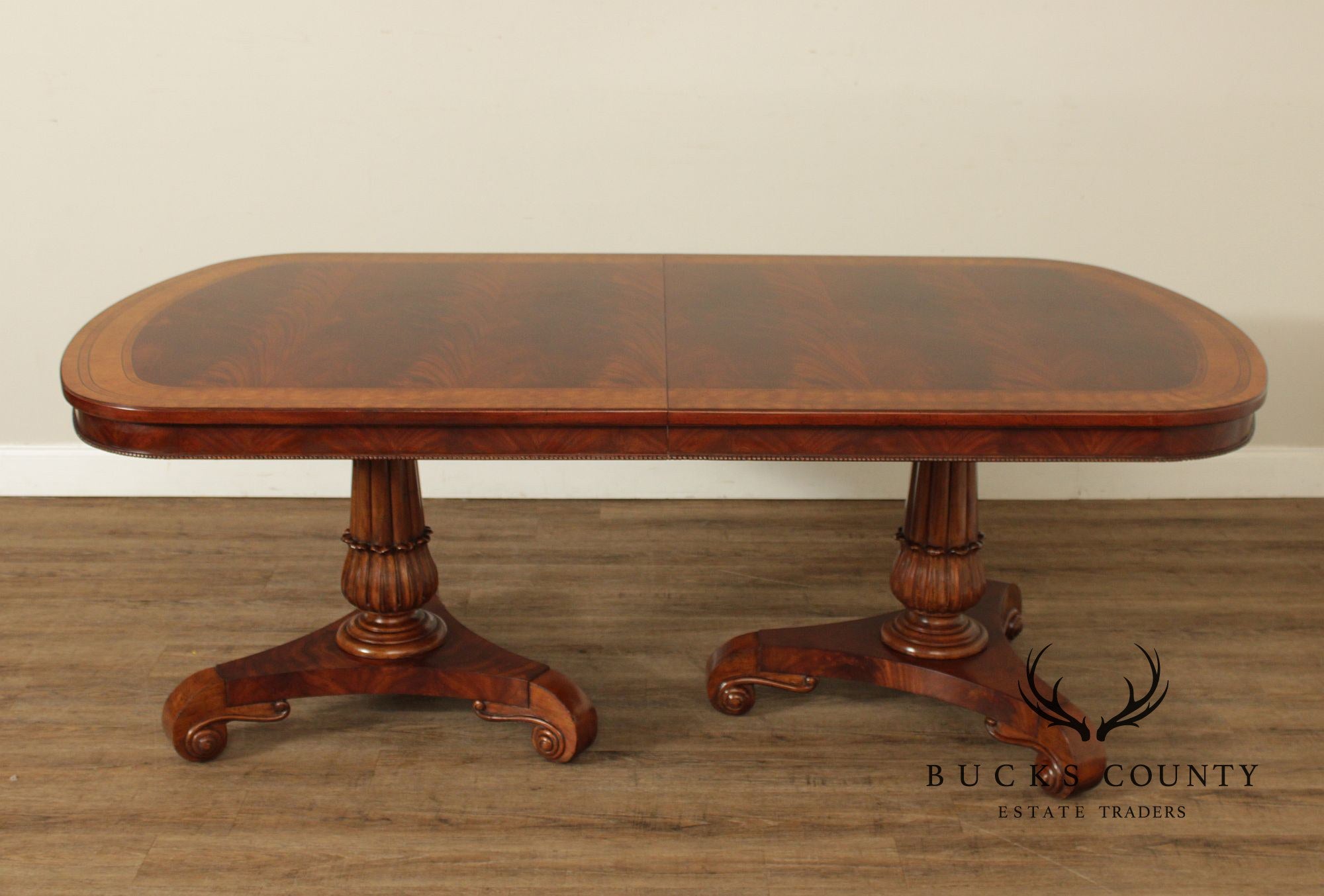 Regency Style Quality Banded Mahogany Double Pedestal Dining Table With 2 Leaves