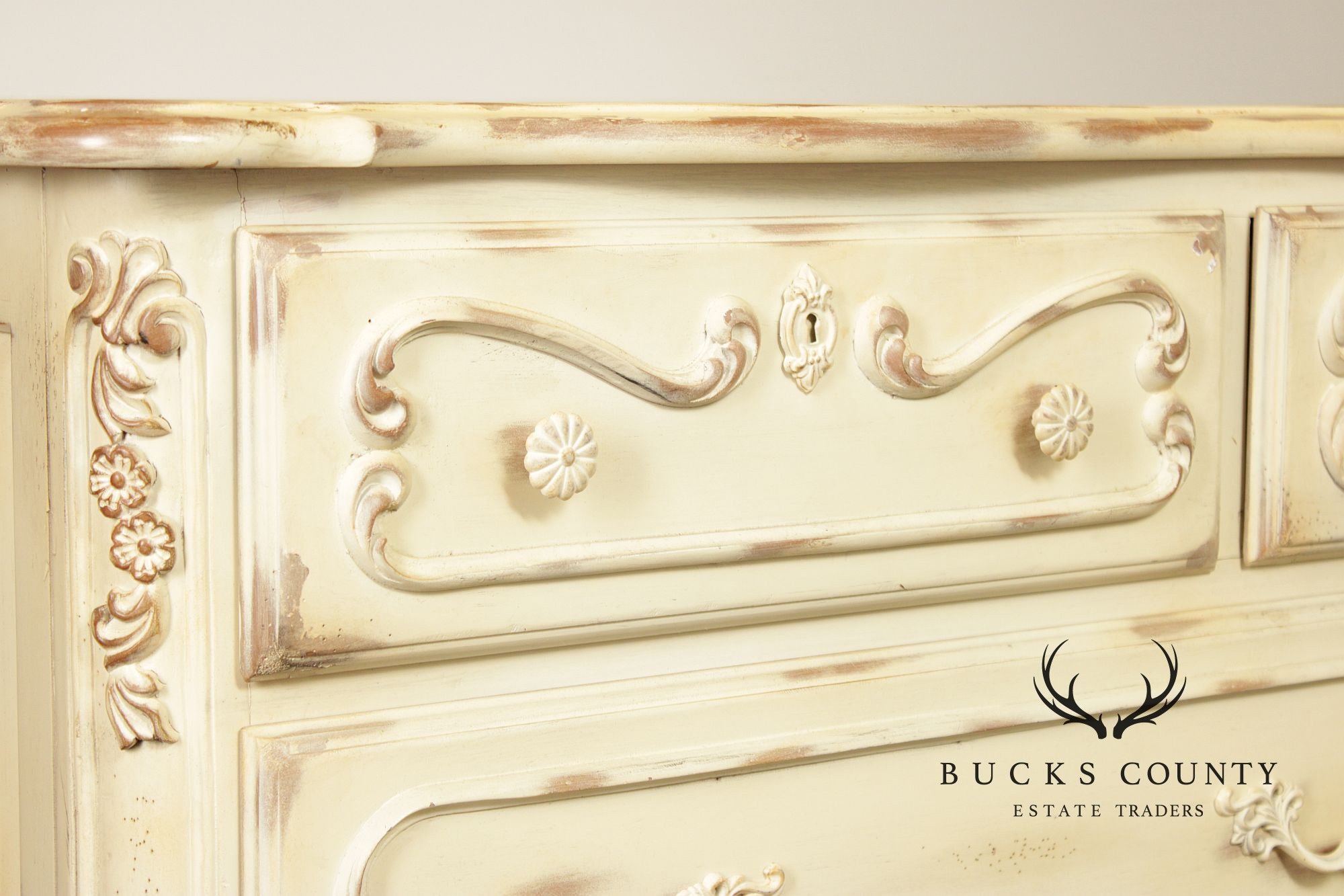 Lane French Provincial Style Distressed Cream Seven Drawer Dresser