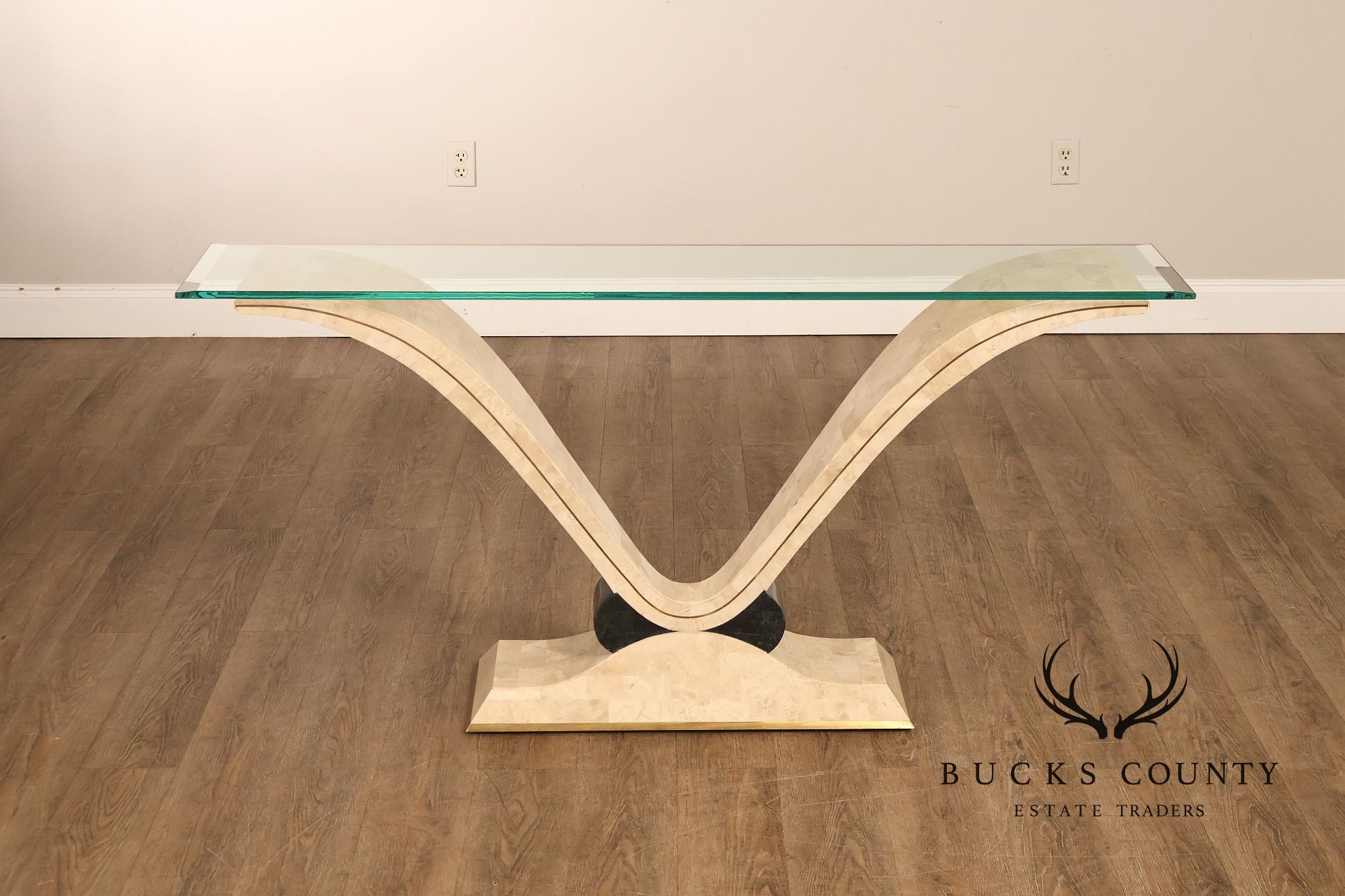 Postmodern Glass Top Travertine Console Table