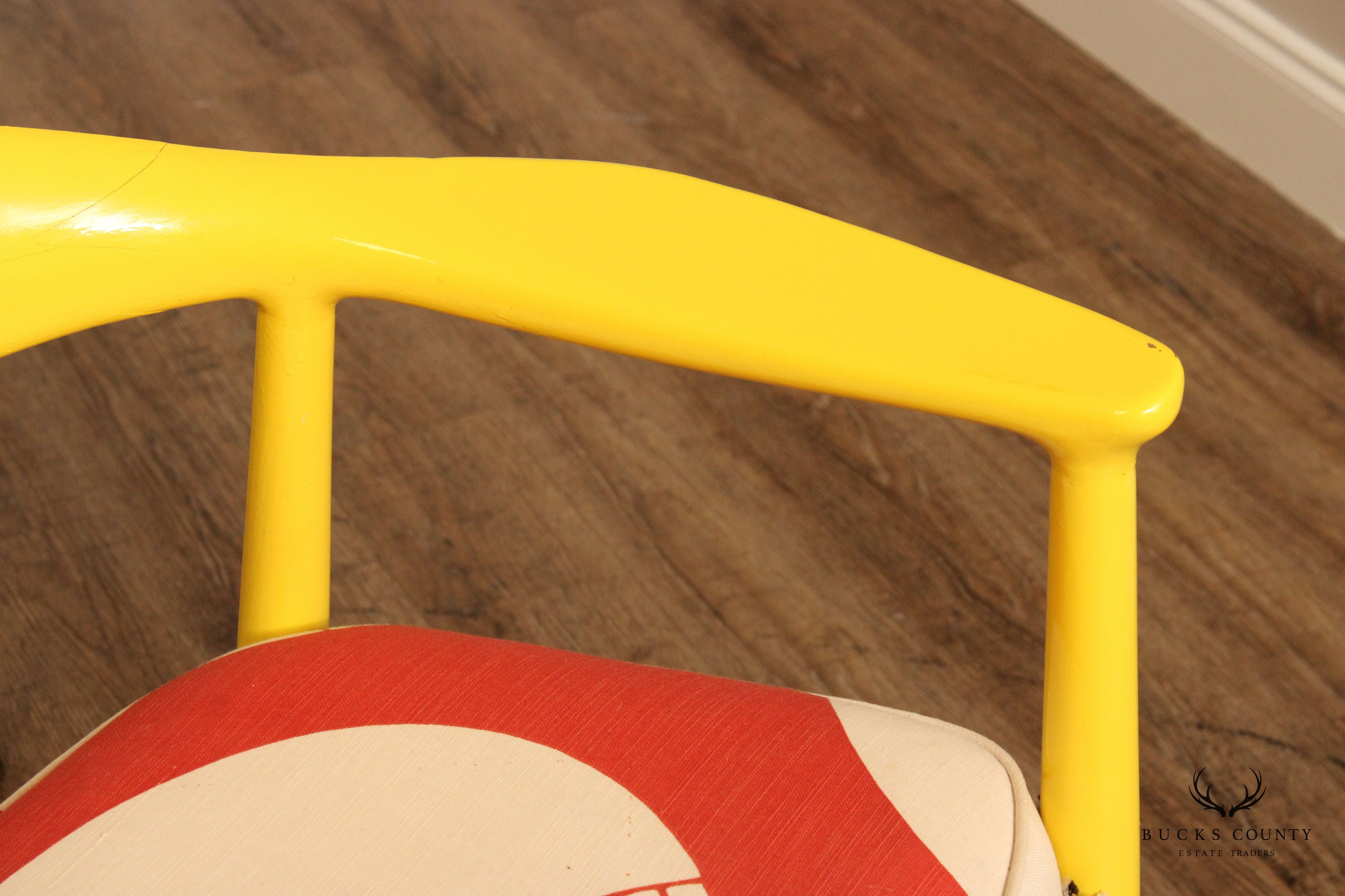 Vintage Mid Century Modern Pair Of Yellow Barrel Back Dining Chairs With Graphic Upholstery