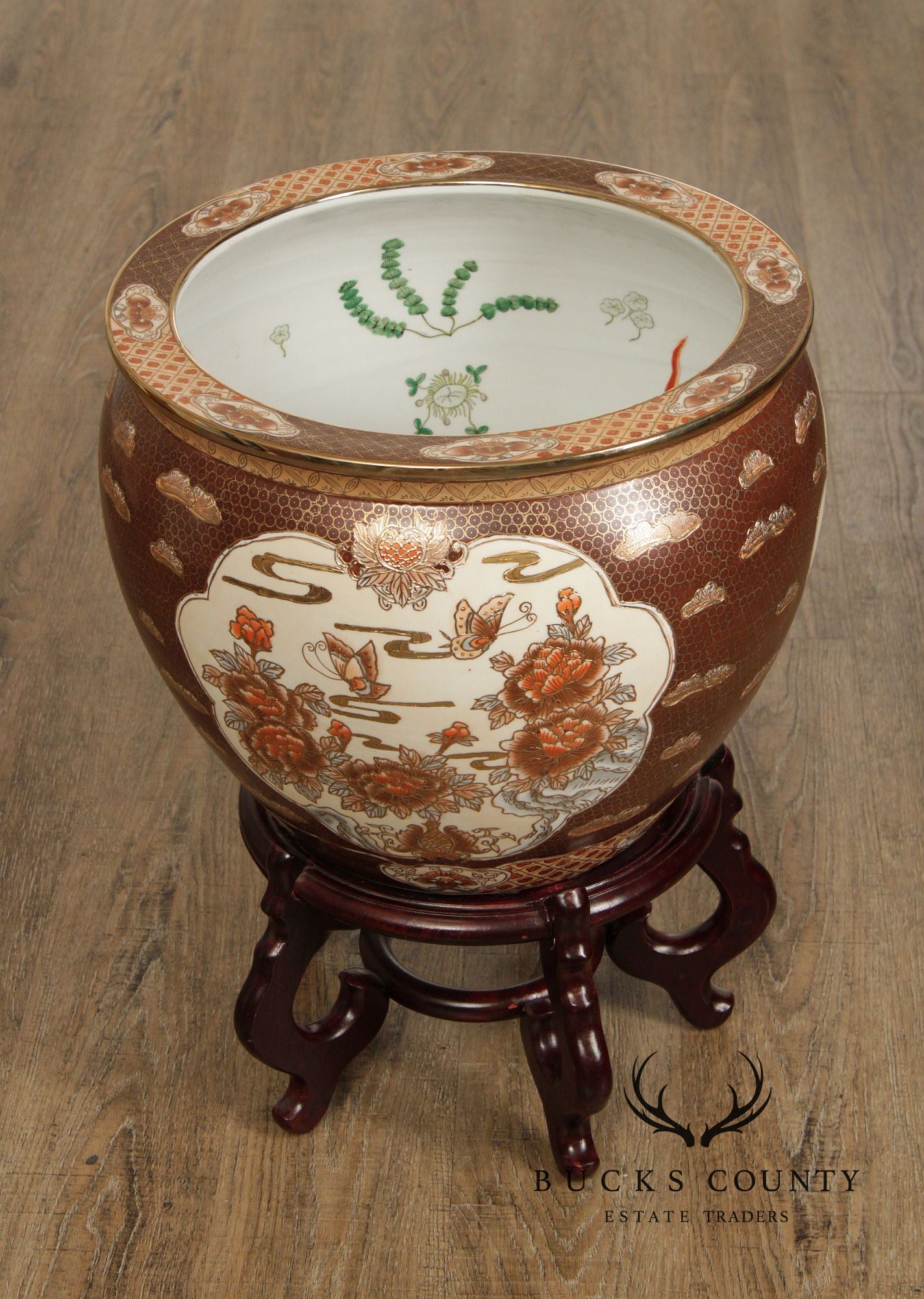 Vintage Chinese Porcelain Fishbowl Planter on Stand