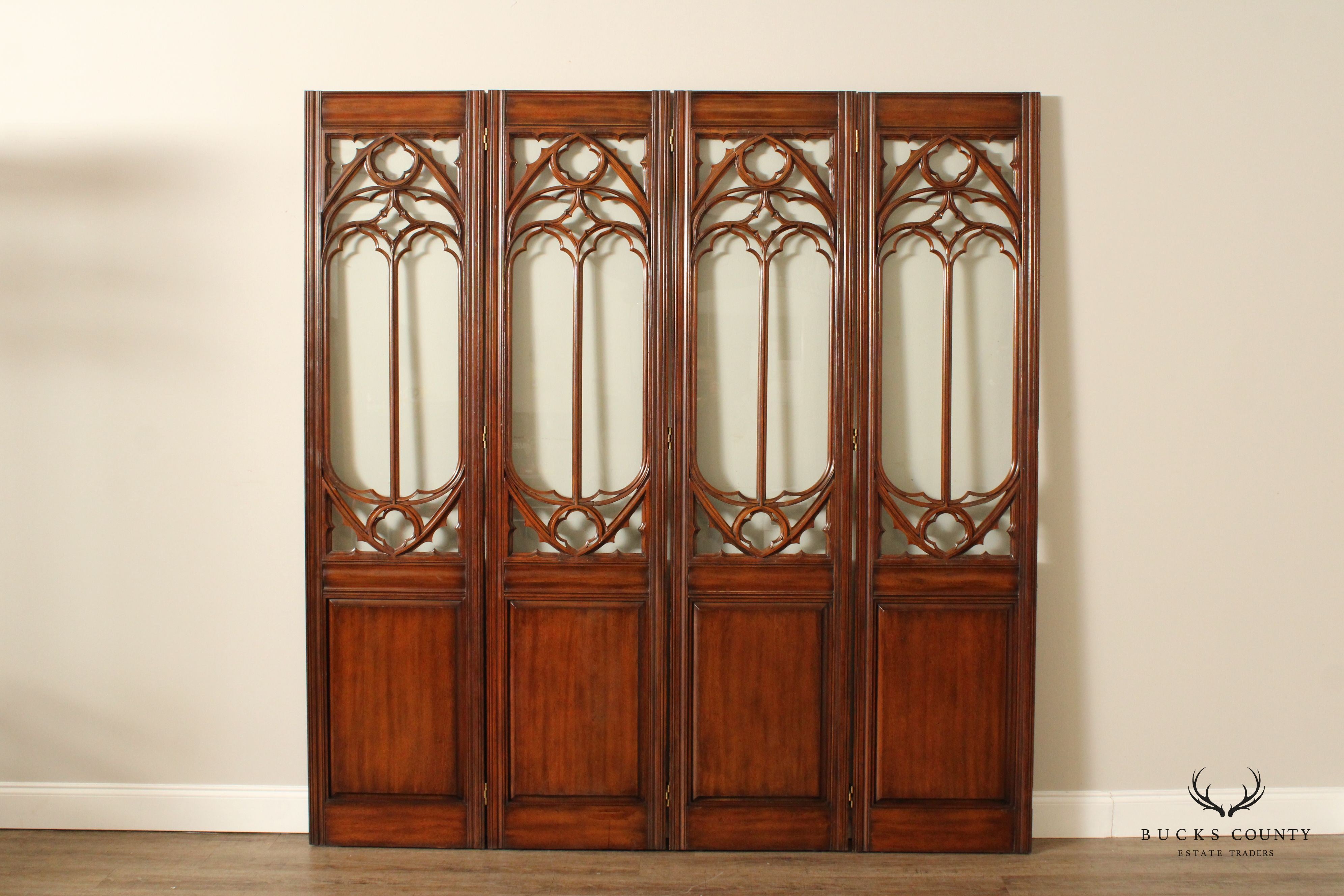 Gothic Revival Style Mahogany And Glass Eight-Panel Room Divider Screen