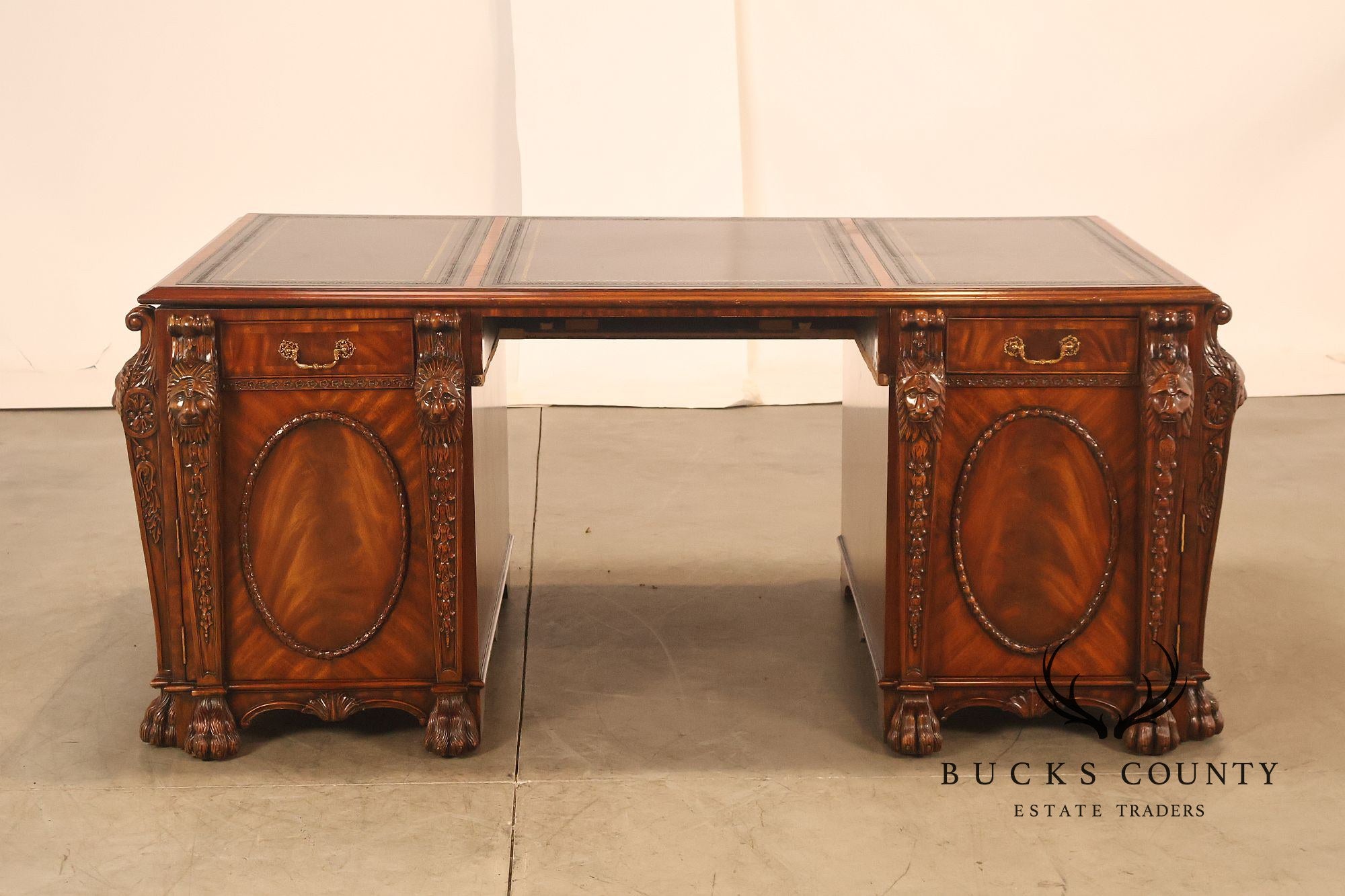 Maitland-Smith Carved Mahogany Leather Top Executive Partner's Desk