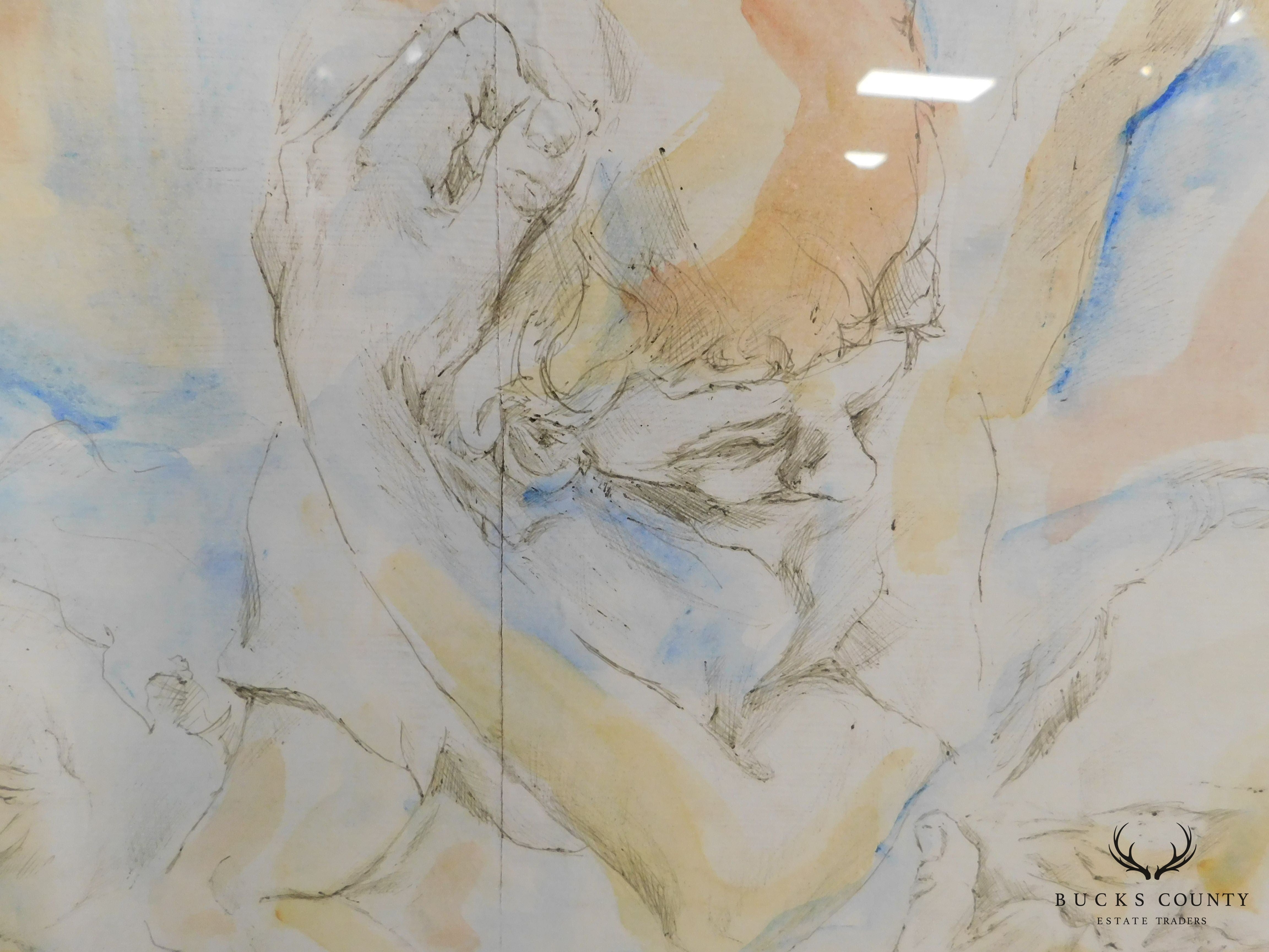 Blue Matted Portrait Sketch w/ Watercolor