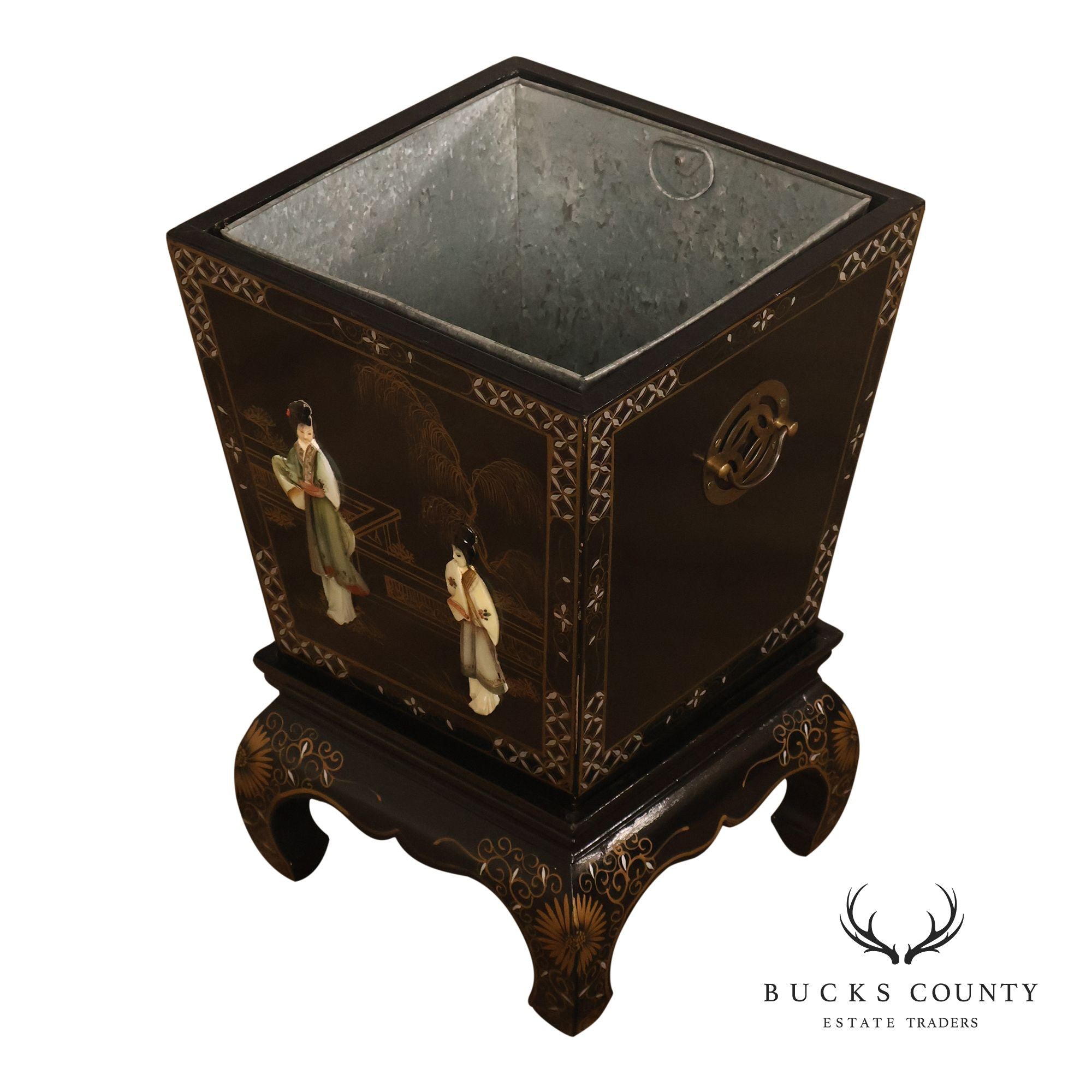 Chinese Black Lacquer Mother Of Pearl Inlaid Figural Planter On Matching Stand