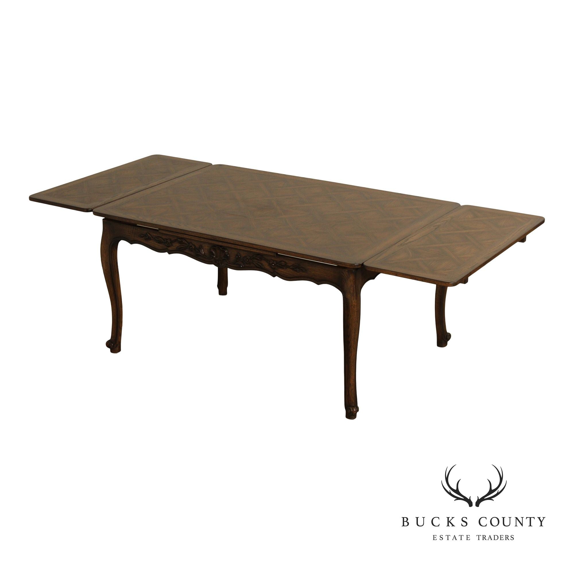 French Country Style Oak Parquetry Top Draw Leaf Dining Table