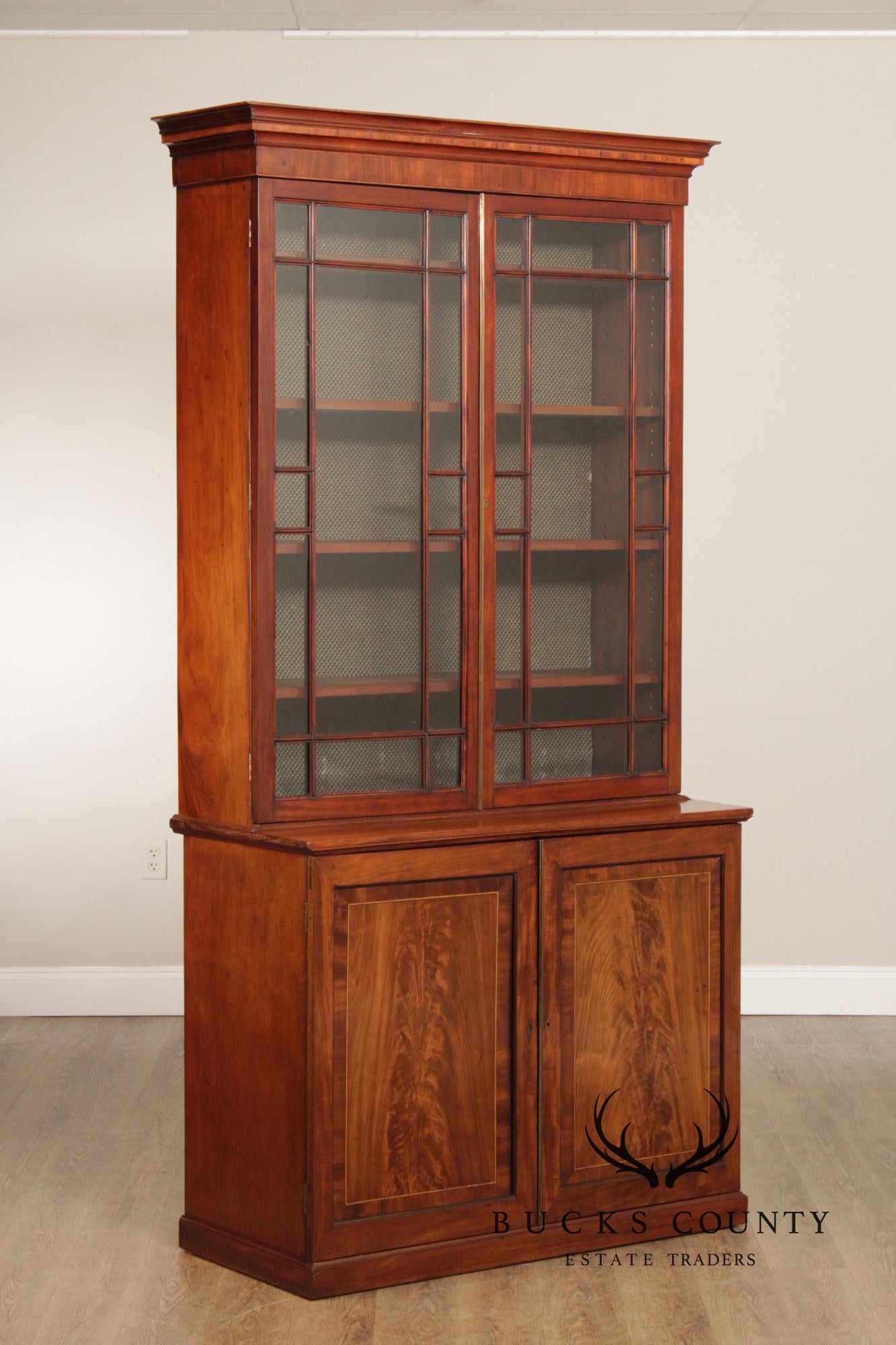 Antique English Mahogany Georgian Style Inlaid Bookcase Cabinet