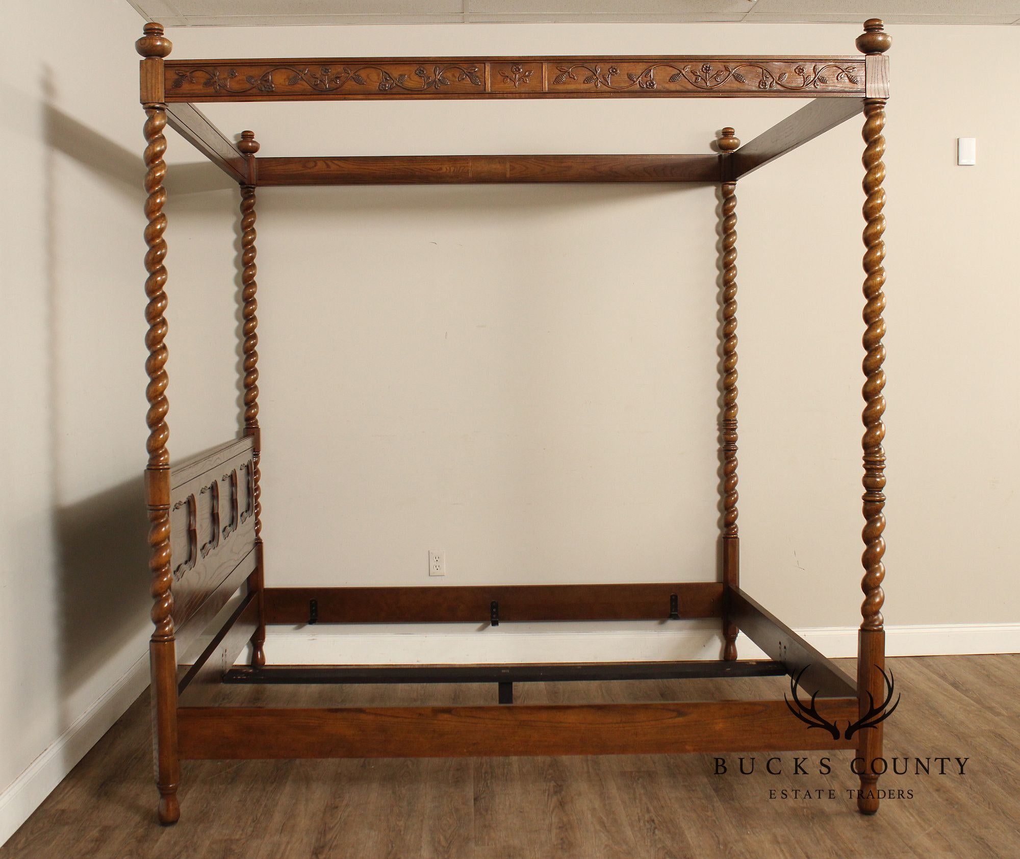 Baker Barley Twist Carved Oak King Size Canopy Poster Bed