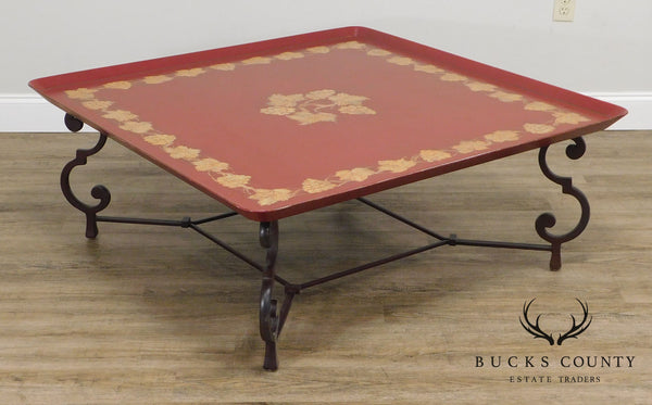 Large Square Red & Gold Tray Coffee Table on Iron Scroll Legs and Frame