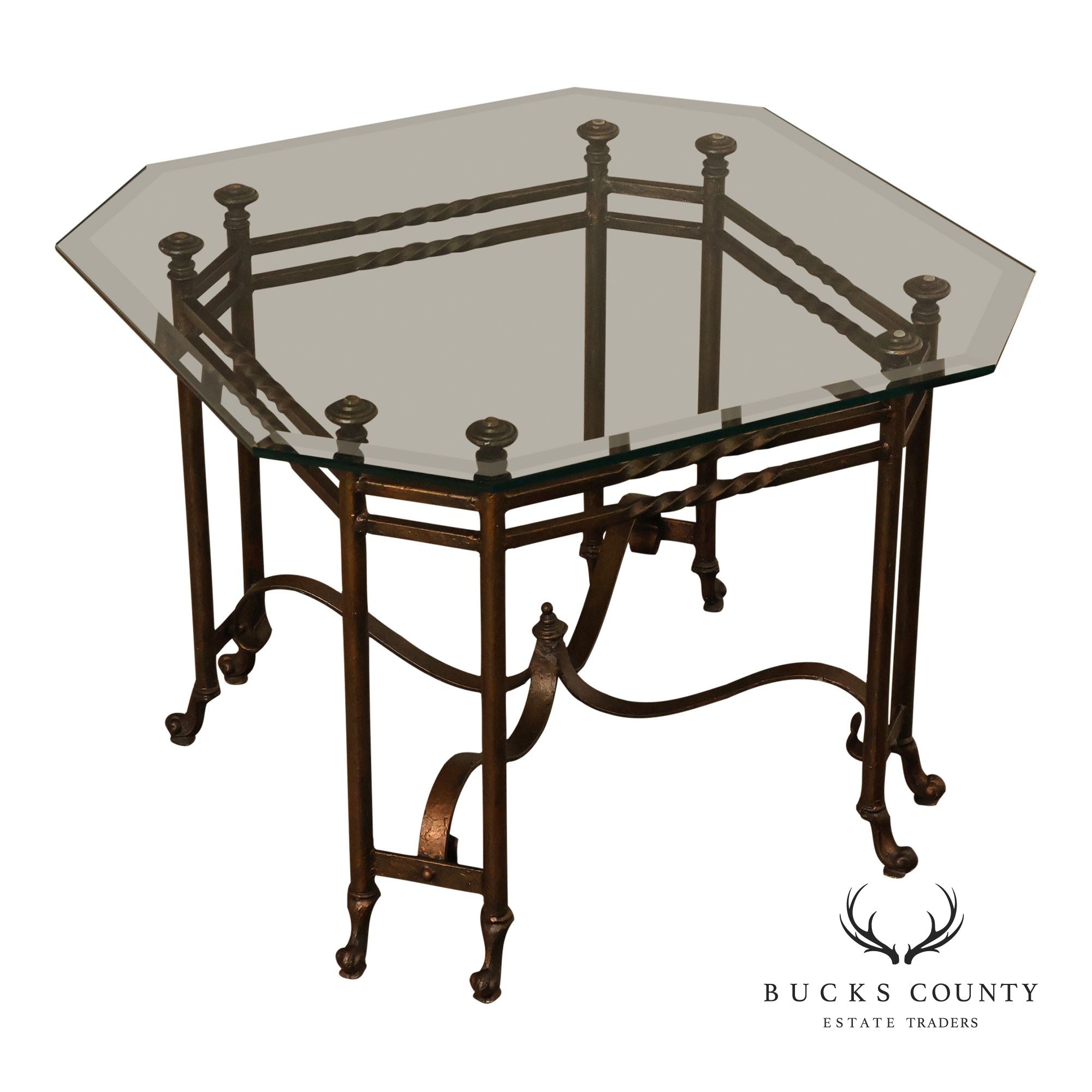 Vintage Hollywood Regency Wrought Iron Glass Top Occasional Table