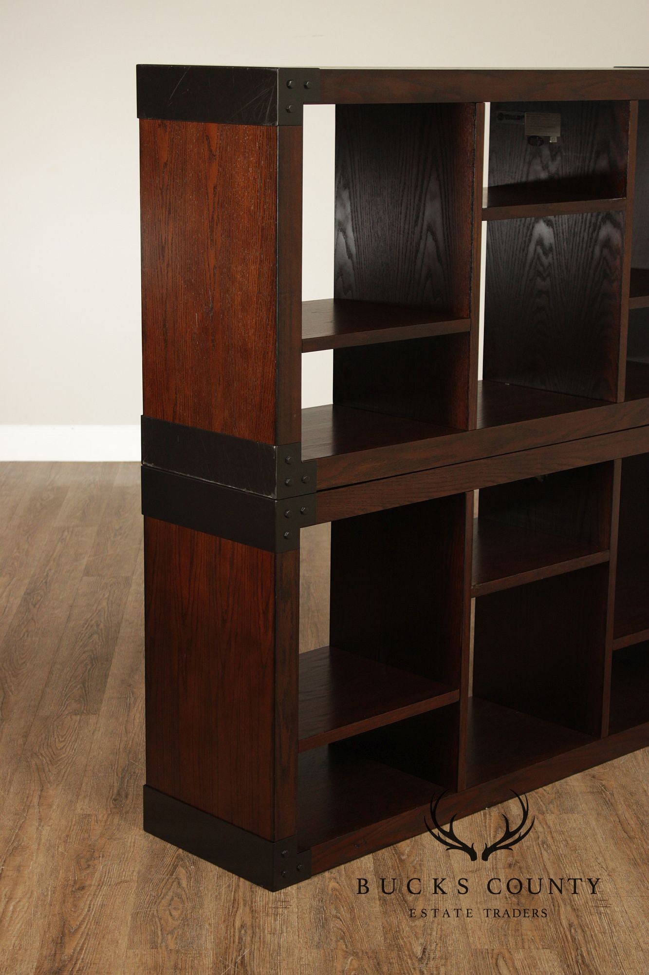 Contemporary Pair Of Open Display Bookcases In Dark Wood