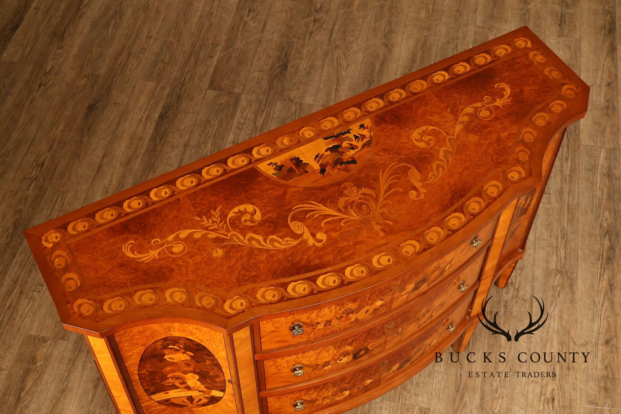 Italian Neoclassical Style Pair of Burl Wood Inlaid Sideboards