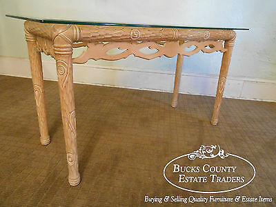 Carved Naturalistic Solid Maple Glass Top Sofa Table