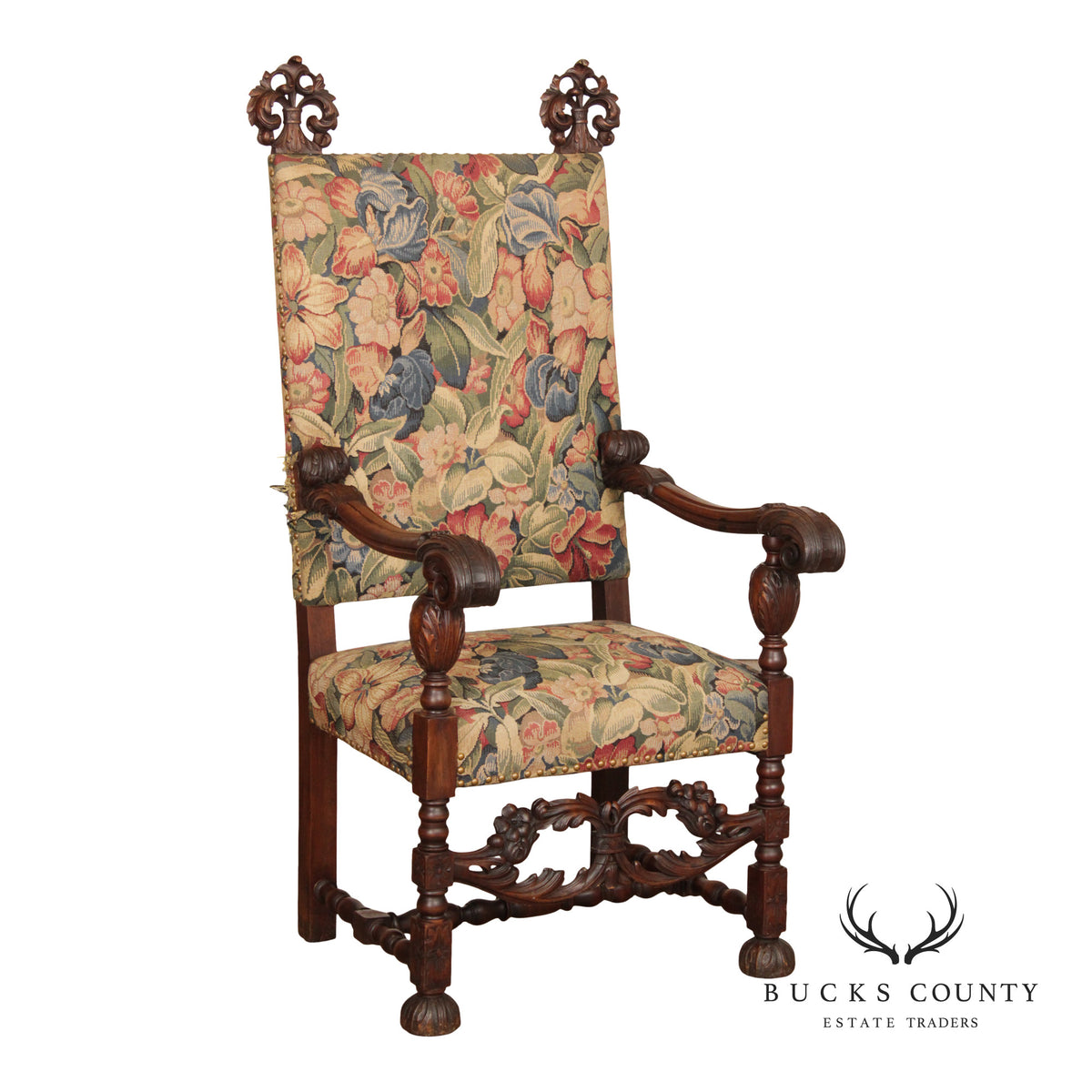 Antique French Baroque Style Carved Walnut Armchair