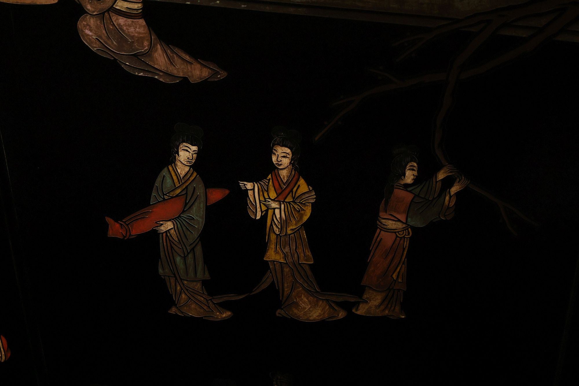 Asian Style Black Vintage Lacquer Six Panel Folding Screen