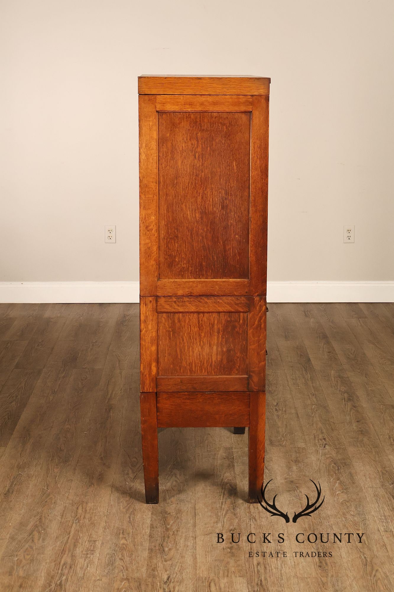 Globe Oak Sectional Bookcase Cabinet With Sliding Glass Doors And Drawers