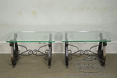 Hollywood Regency Pair Mid-Century Scrolled Iron Lyre Base Glass Top SideTable