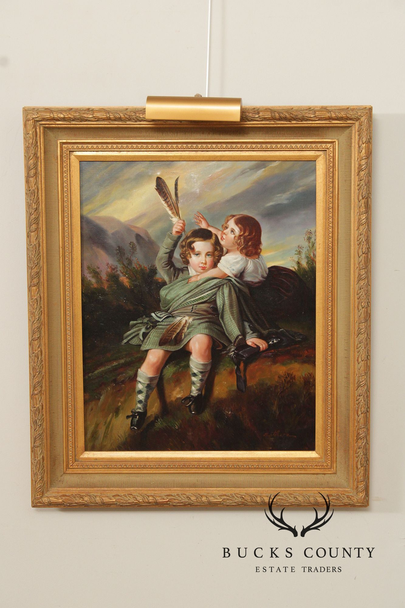 Signed Giltwood Framed Oil Painting of Scottish Children