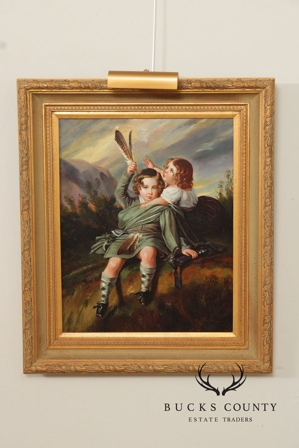 Signed Giltwood Framed Oil Painting of Scottish Children