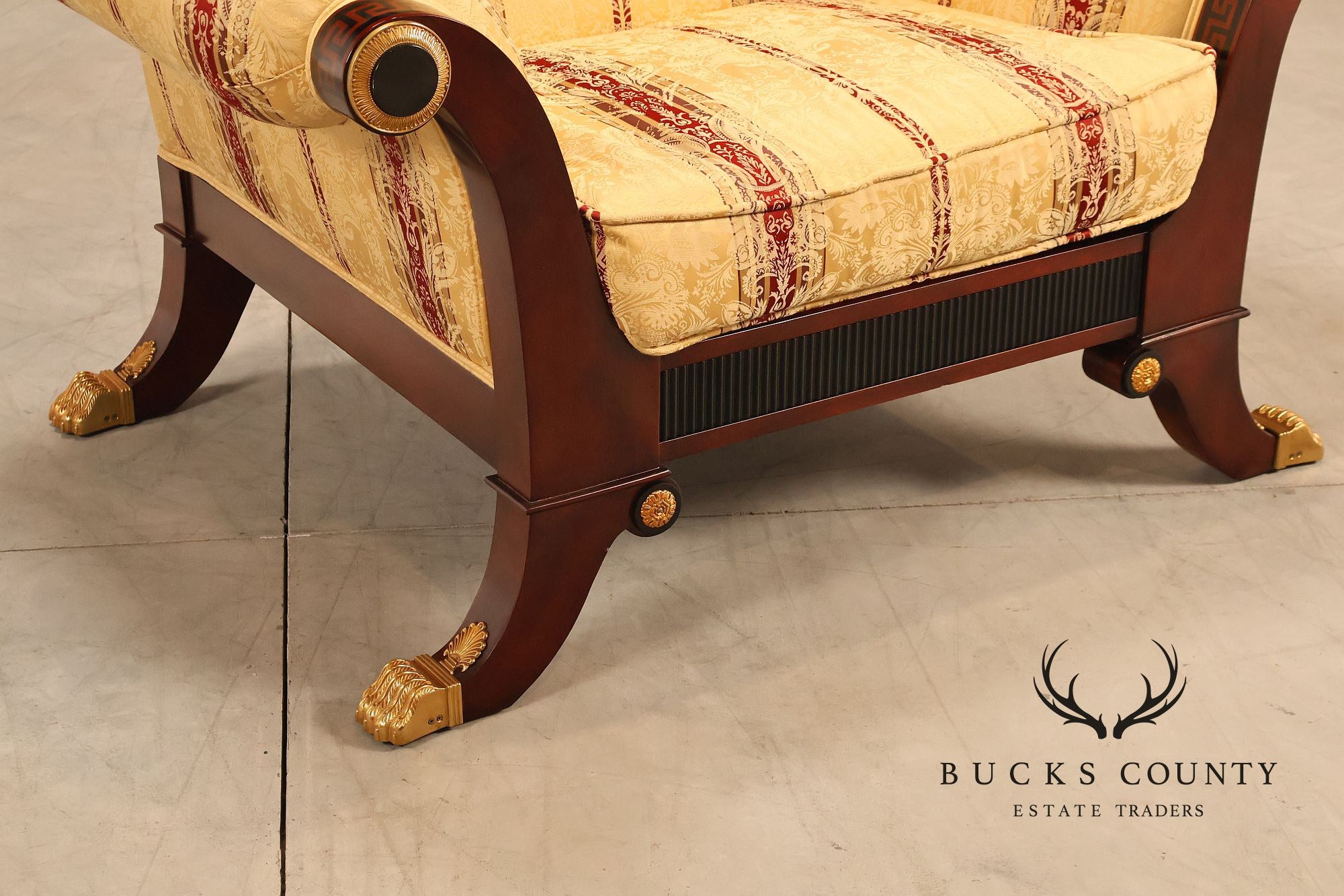Empire Neoclassical Style Mahogany Upholstered Armchair With Gilt Bronze Accents