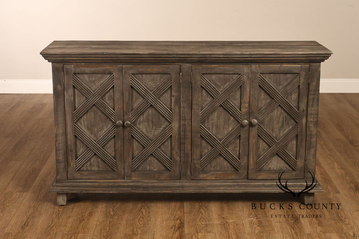 Rustic Gray Wood Four Door Lattice Design Sideboard