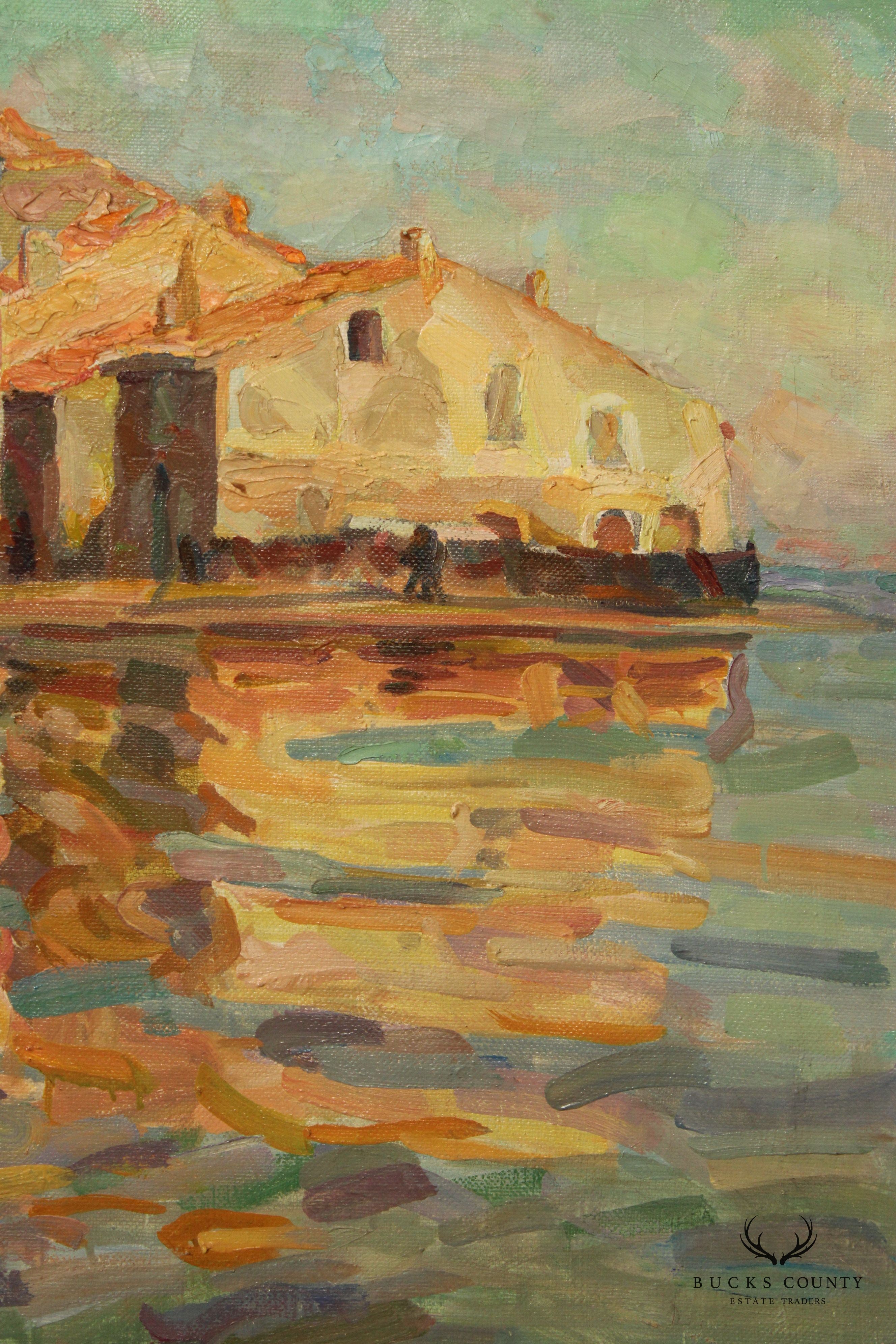 Erna Lange Signed Waterfront Sunrise Oil Painting 'Fishing in Southern France'