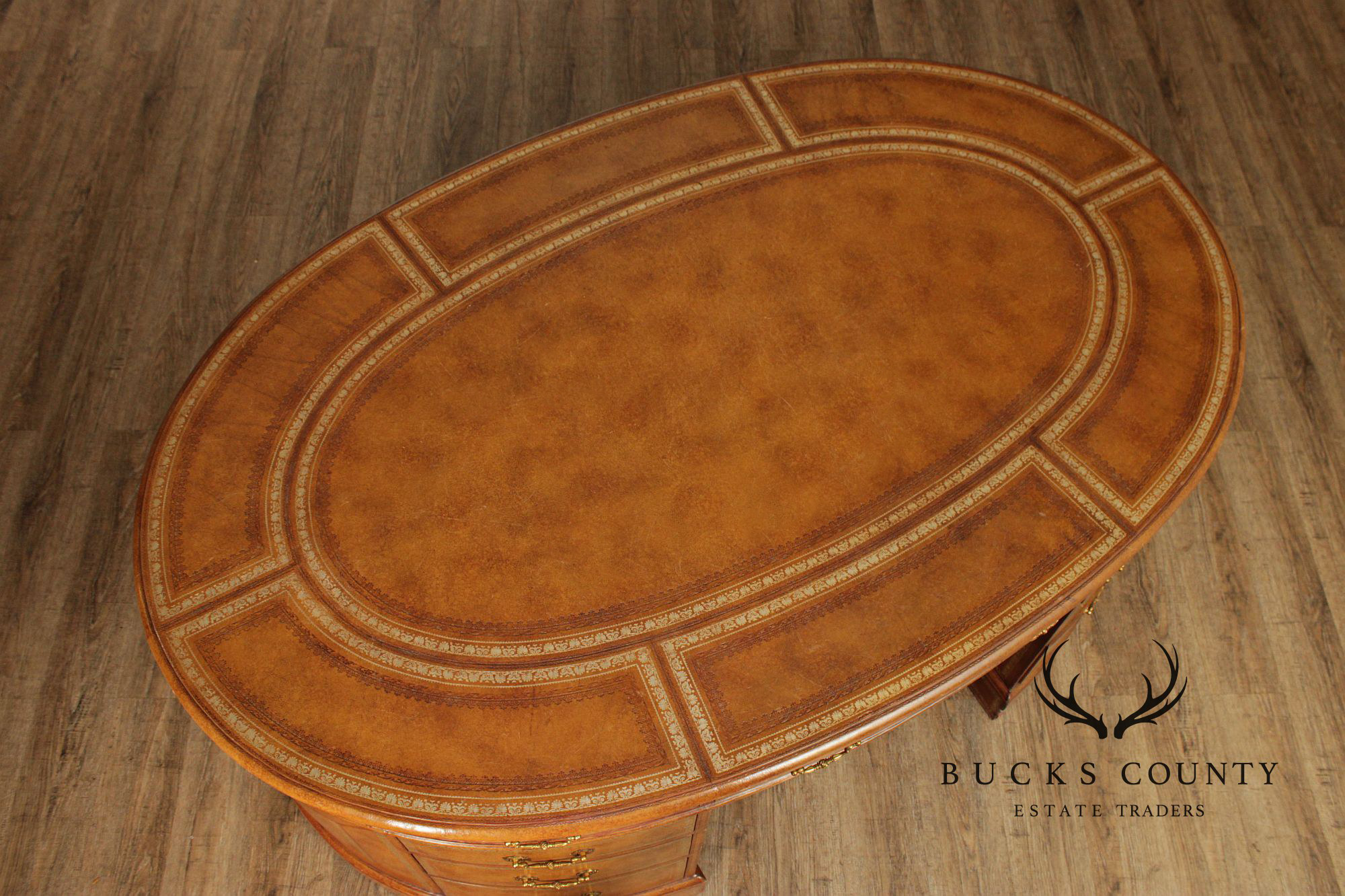 Maitland Smith Leather Wrapped Oval Executive Partners Desk