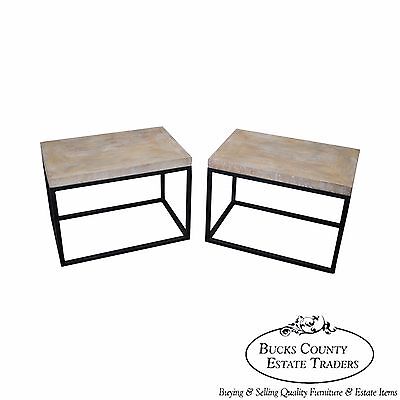 Jonathan Charles Cerused Oak Pair of Iron Base Side Tables