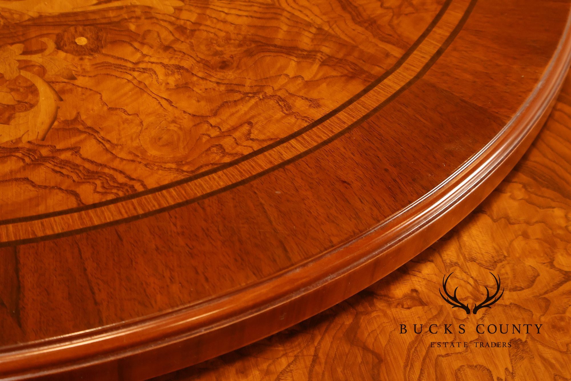 Italian 72" Round Inlaid Burl Wood Dining Table With Lazy Susan