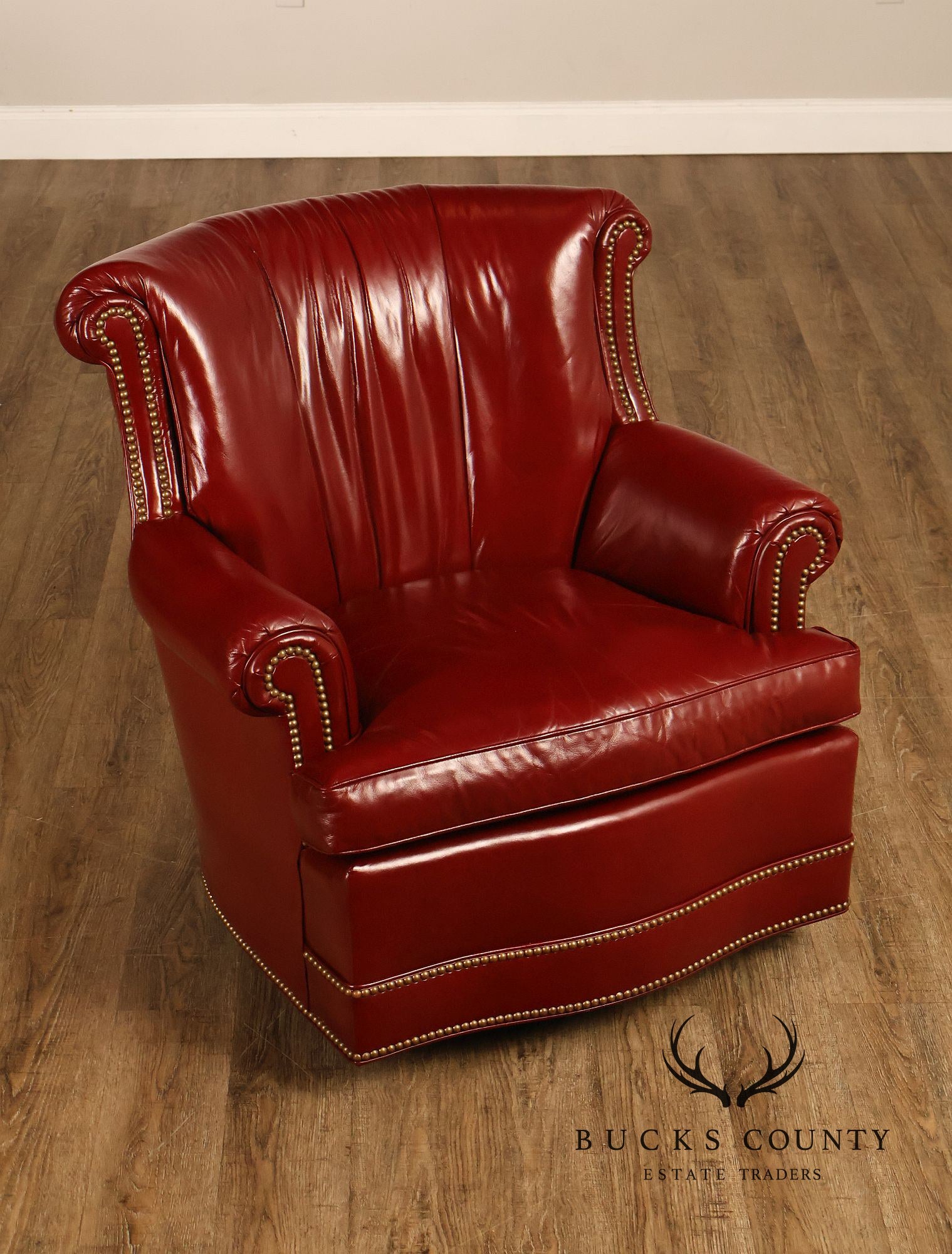 Hancock & Moore Red Leather Swivel Club Chair With Nailhead Trim