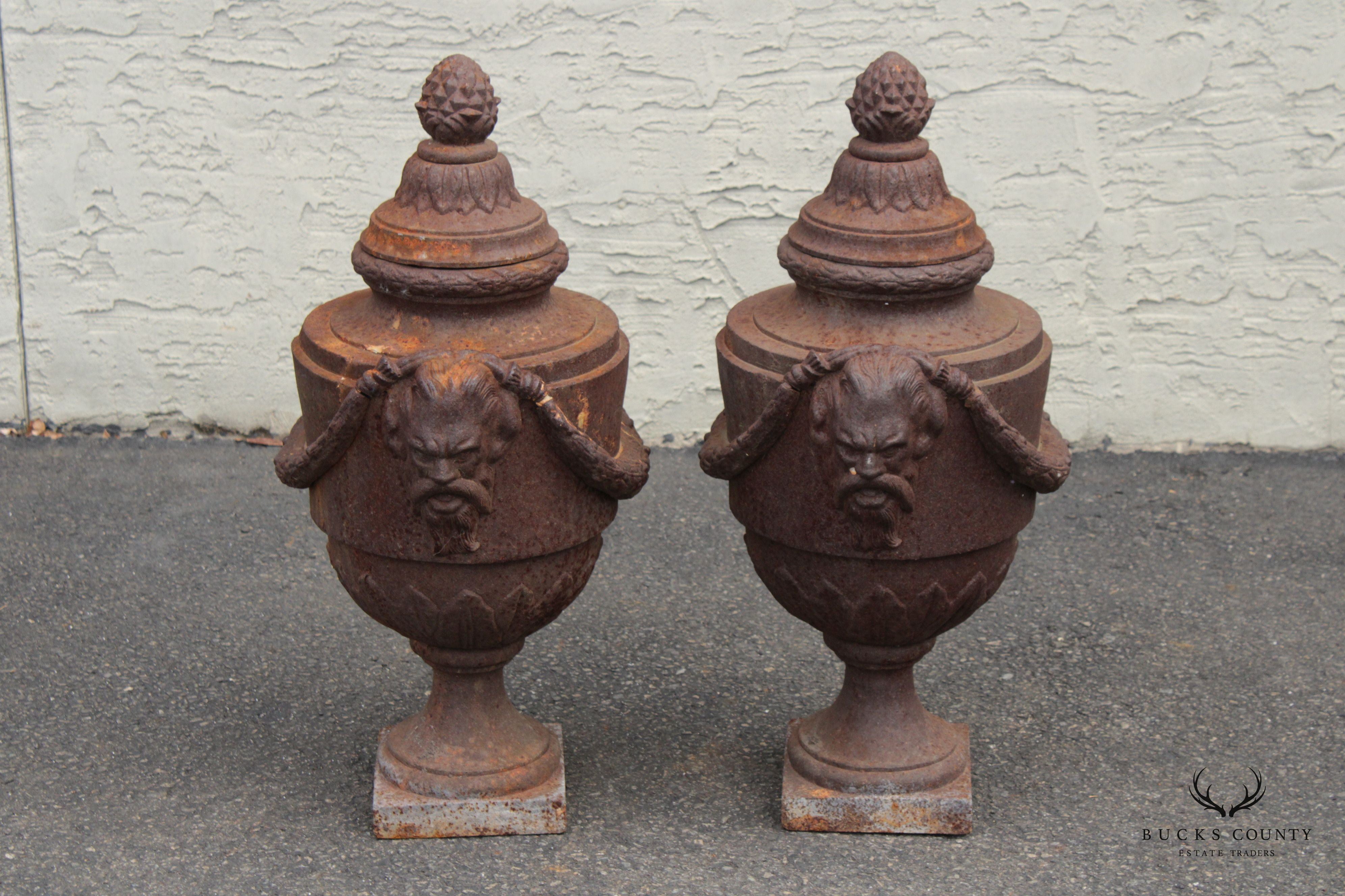 Classical Style Pair of Cast Iron Outdoor Garden Urns