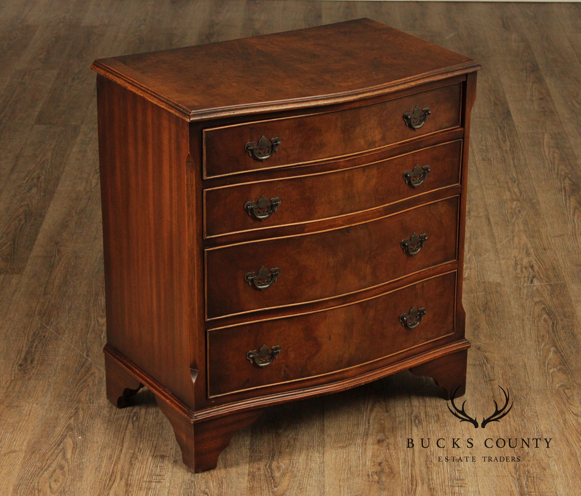 Georgian Style Burlwood English Bachelor Chest Of Drawers
