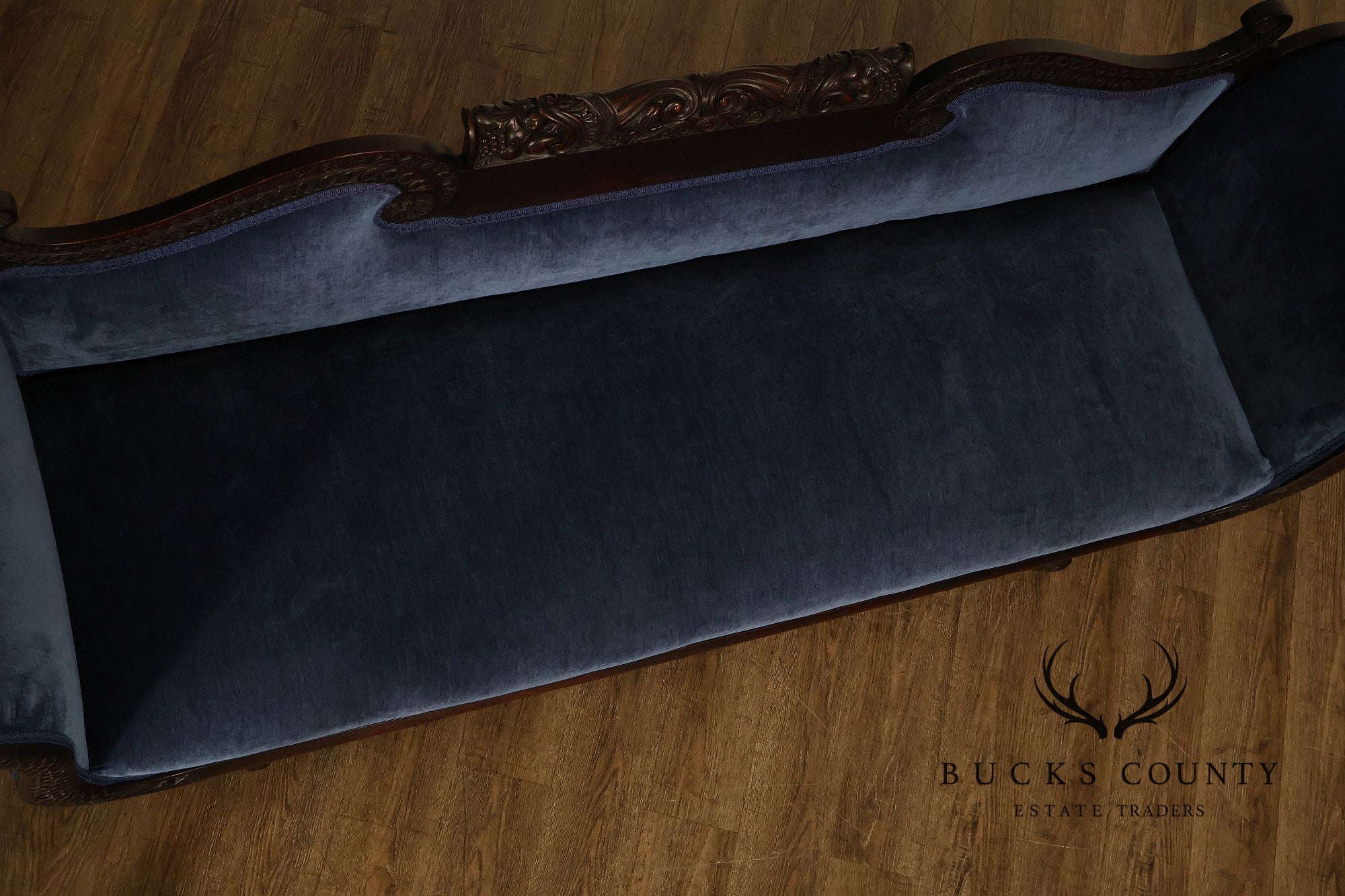 Antique American Empire Mahogany Carved Swan Arm Sofa With Blue  Upholstery