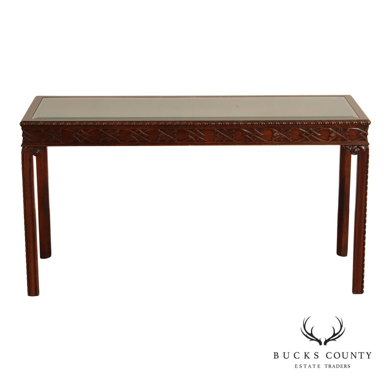 Chinese Chippendale Style Glass Top Mahogany Console Table