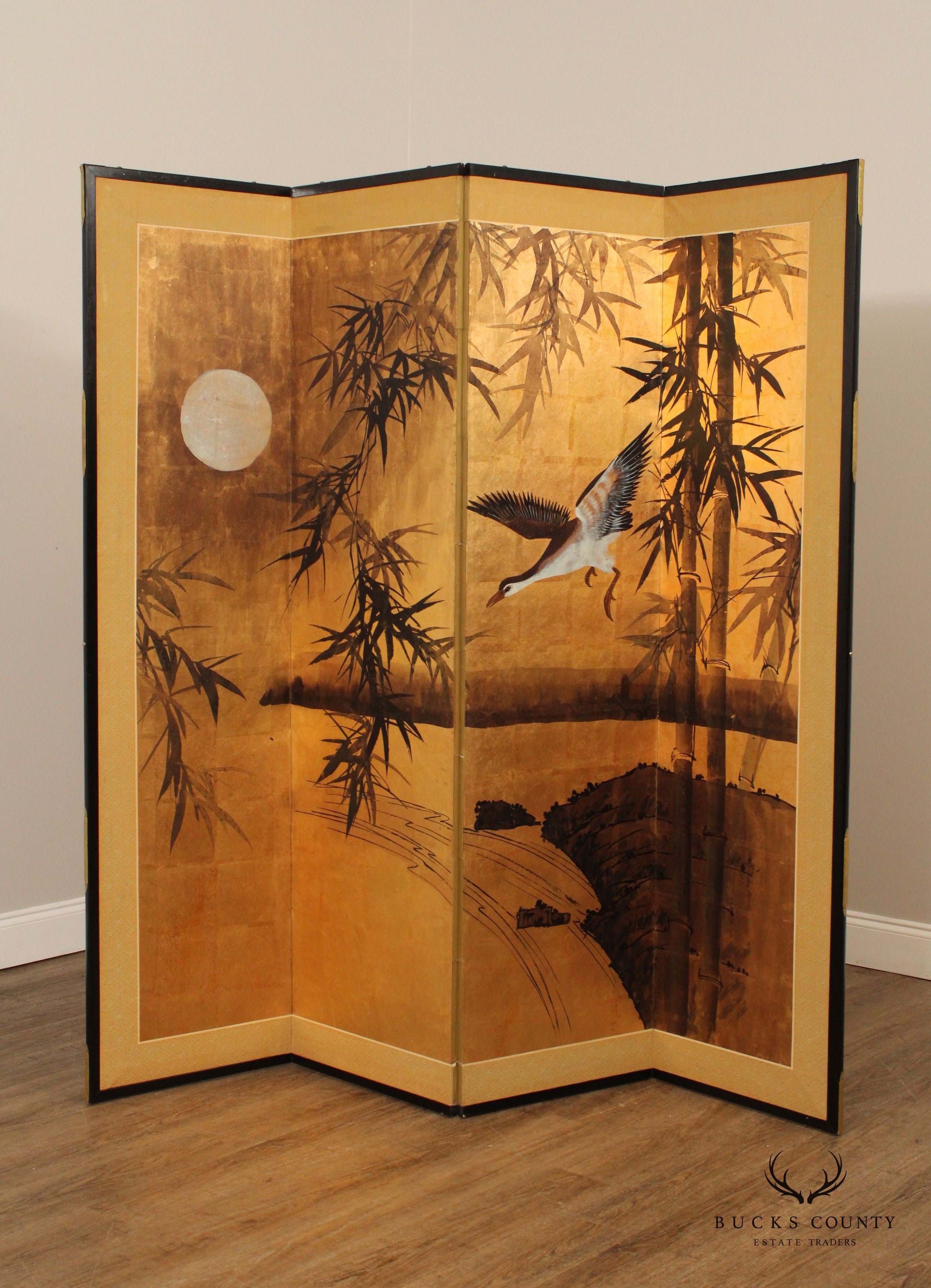 Japanese Hand Painted Four Panel Screen