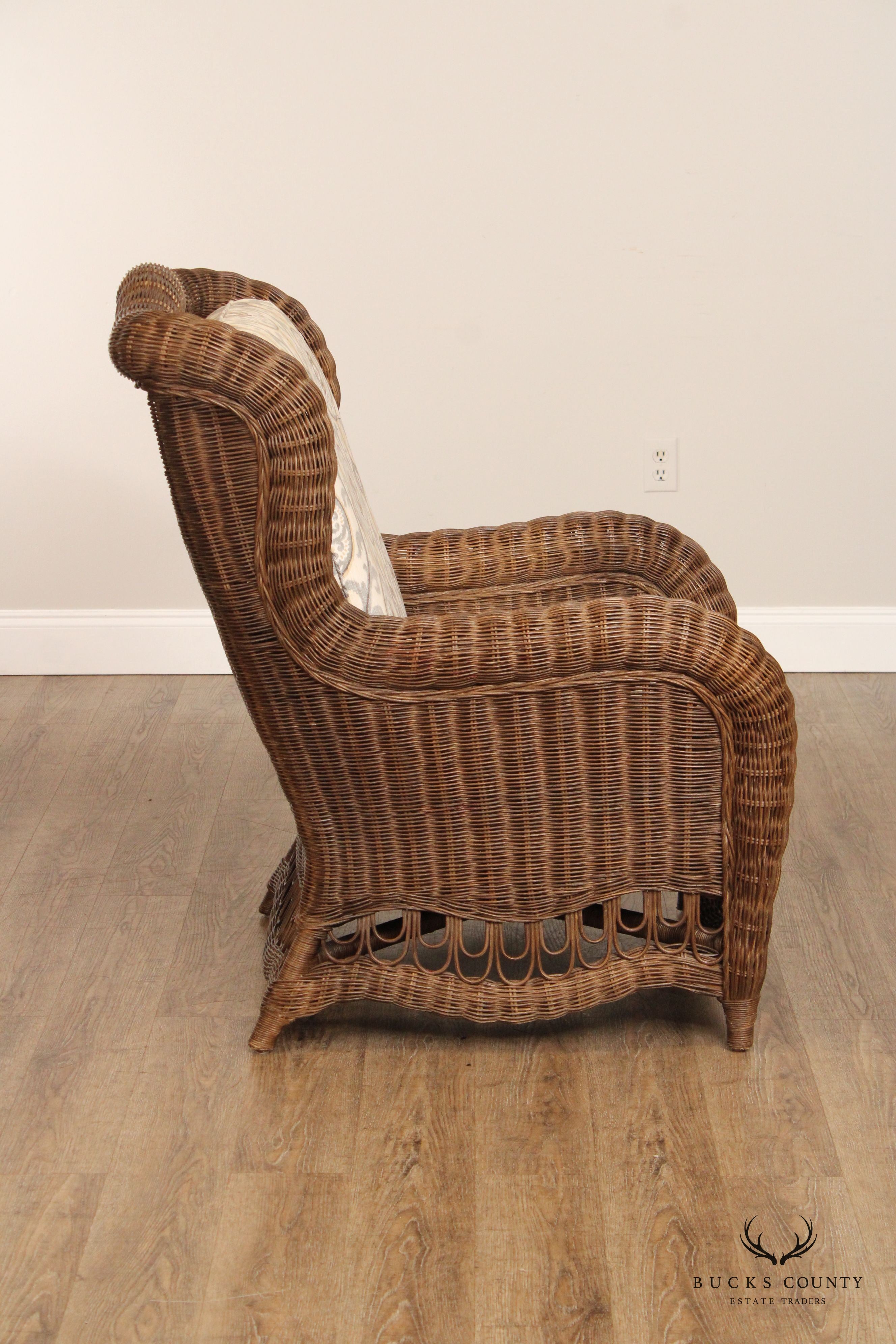 Ethan Allen Victorian Style Wicker Wing Chair and Ottoman