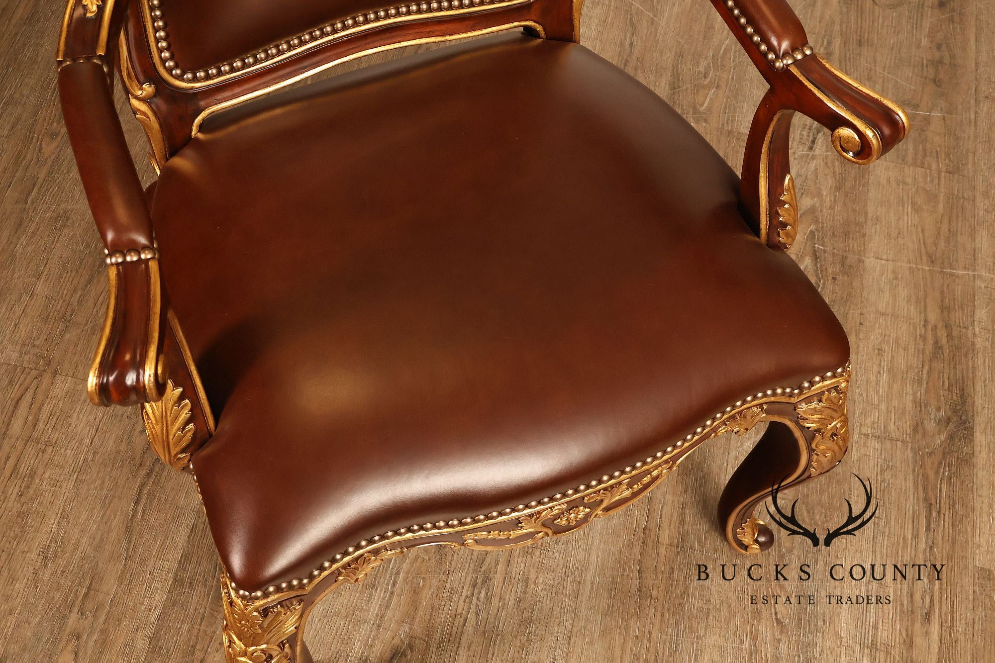 Scarborough House Pair Of French Rococo Style Gilt Mahogany Leather Upholstered Armchairs
