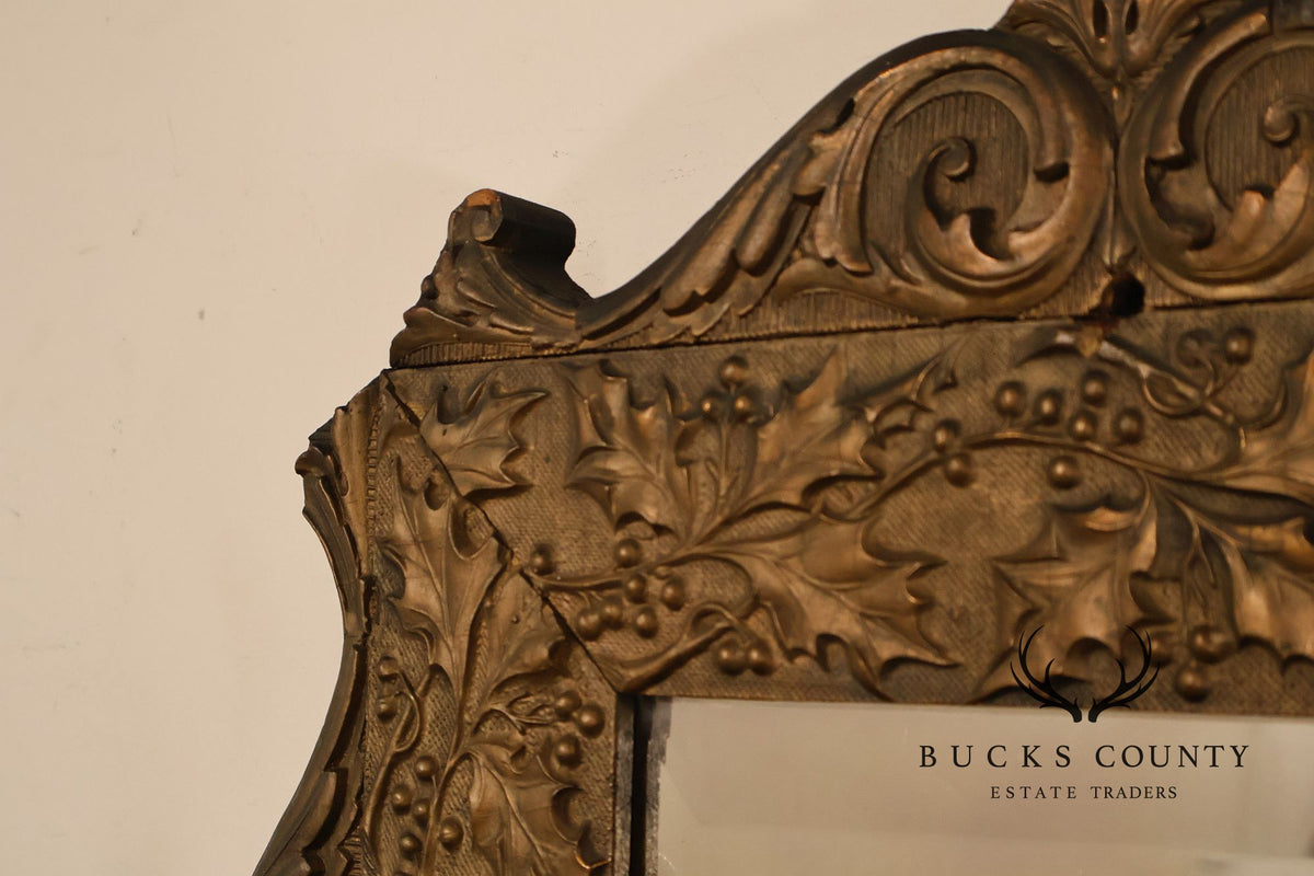 Antique Carved Gilt Wood Wall Mirror With Wrought Iron Hooks