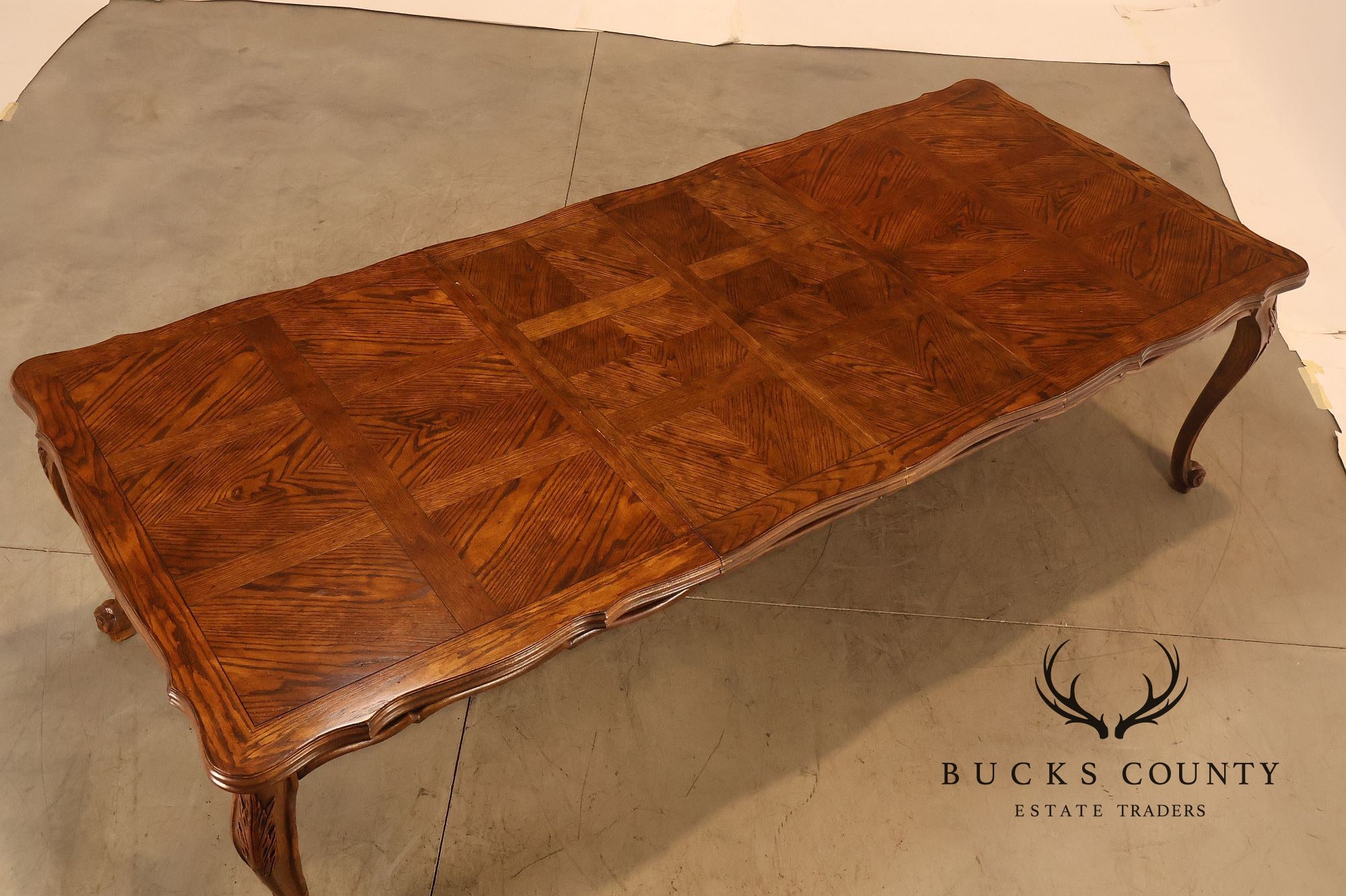 Century French Country Oak Parquet Top Expandable Dining Table With 2 Leaves