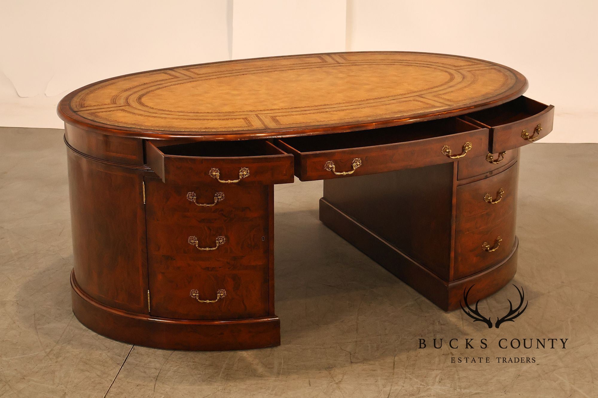 Maitland-Smith Oval Burl Wood Leather Top Partner Desk with Brass Hardware
