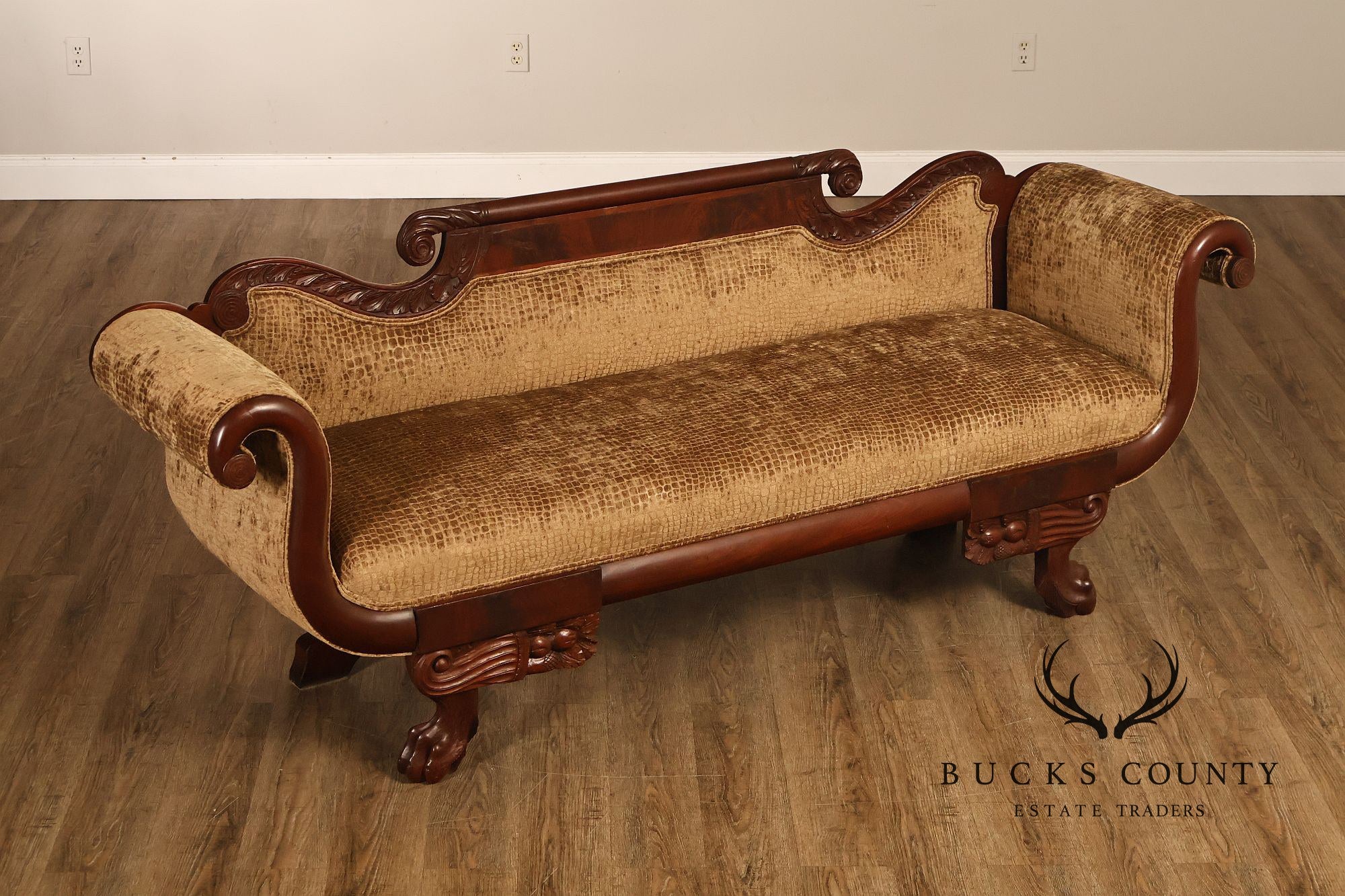 Antique American Classical Empire Style Mahogany Upholstered Sofa