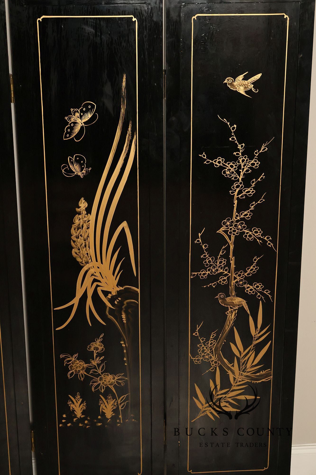 Asian Black Lacquer Vintage Pair Of Four Panel Folding Screens With Mother Of Pearl Inlay