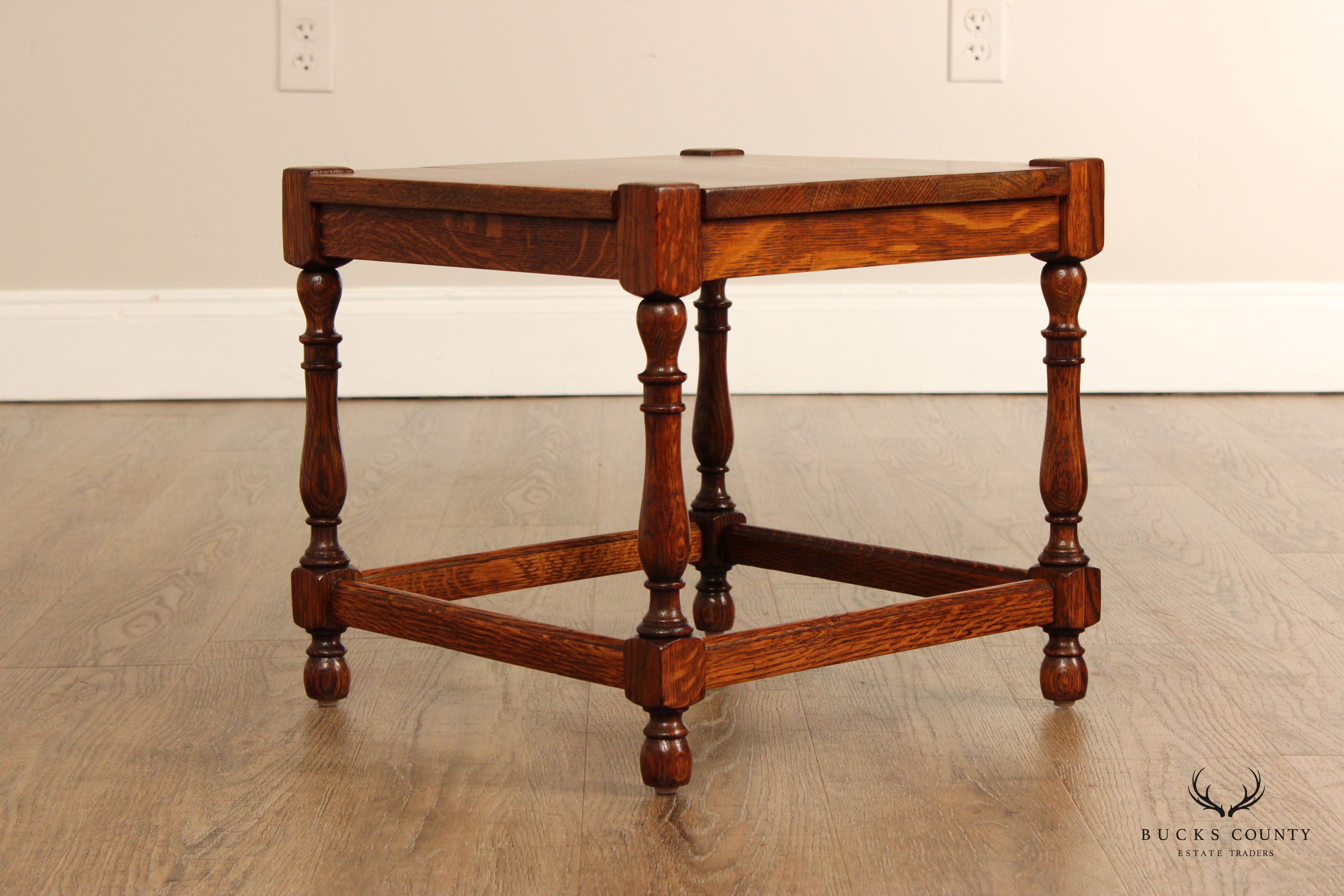 William & Mary Style Oak Square Top Taboret Side Table