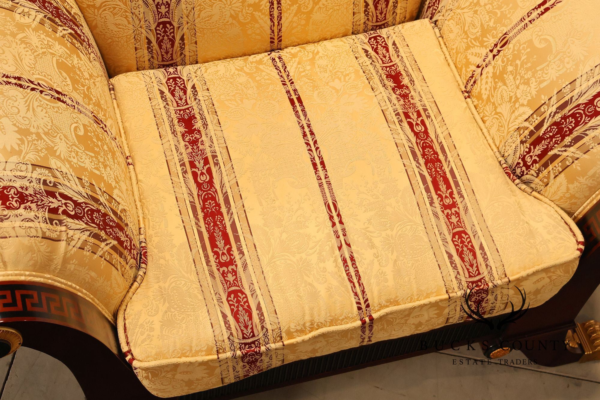 Empire Neoclassical Style Mahogany Upholstered Armchair With Gilt Bronze Accents