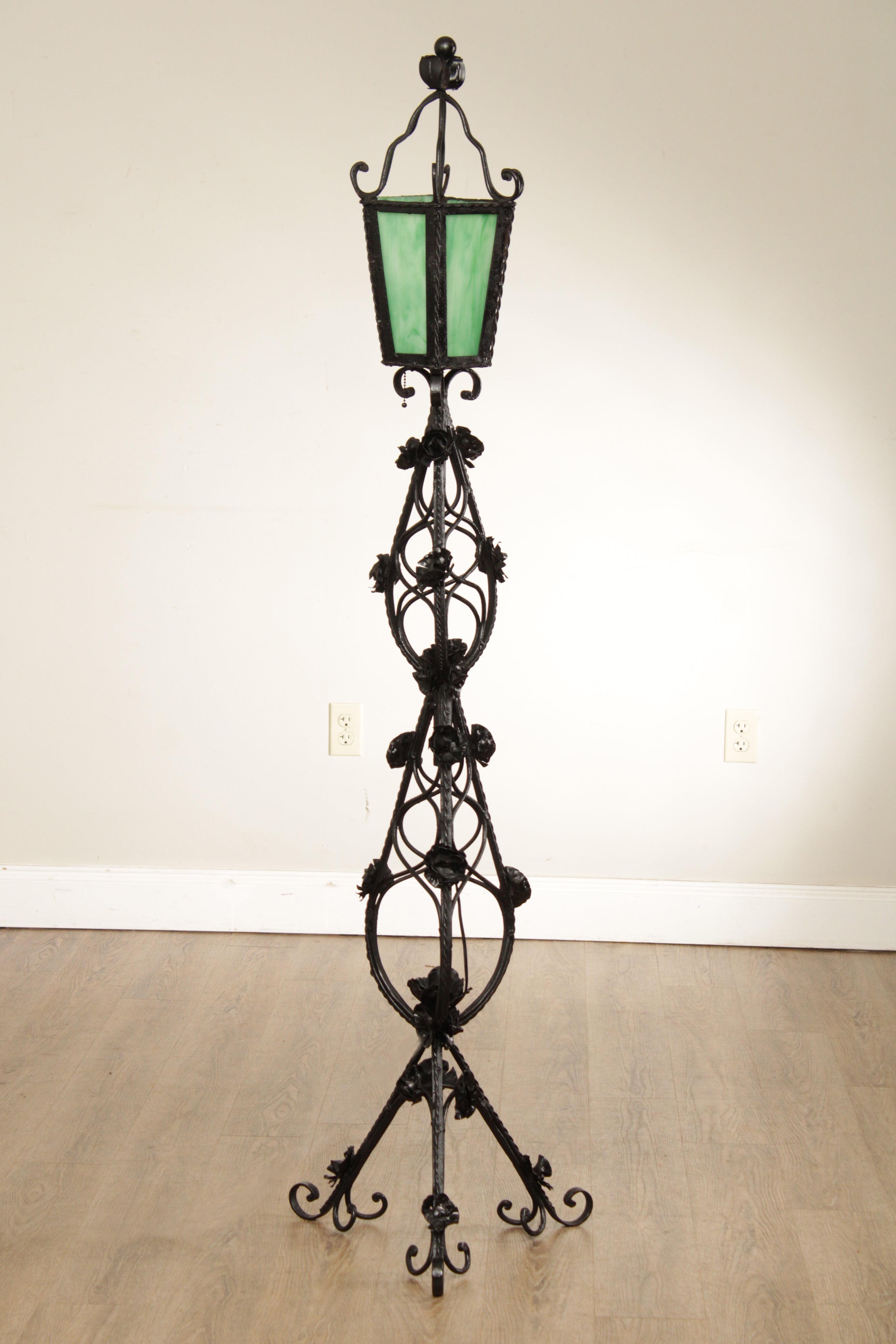 Arts & Crafts Style Vintage Wrought Iron Slag Glass Lantern Floor Lamp