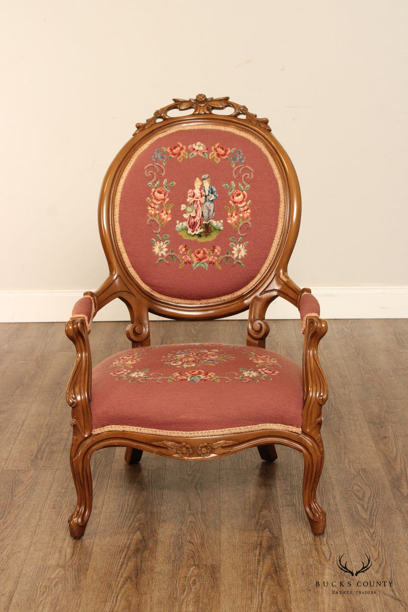 Victorian Pair of Needlepoint Upholstered Parlor Armchairs