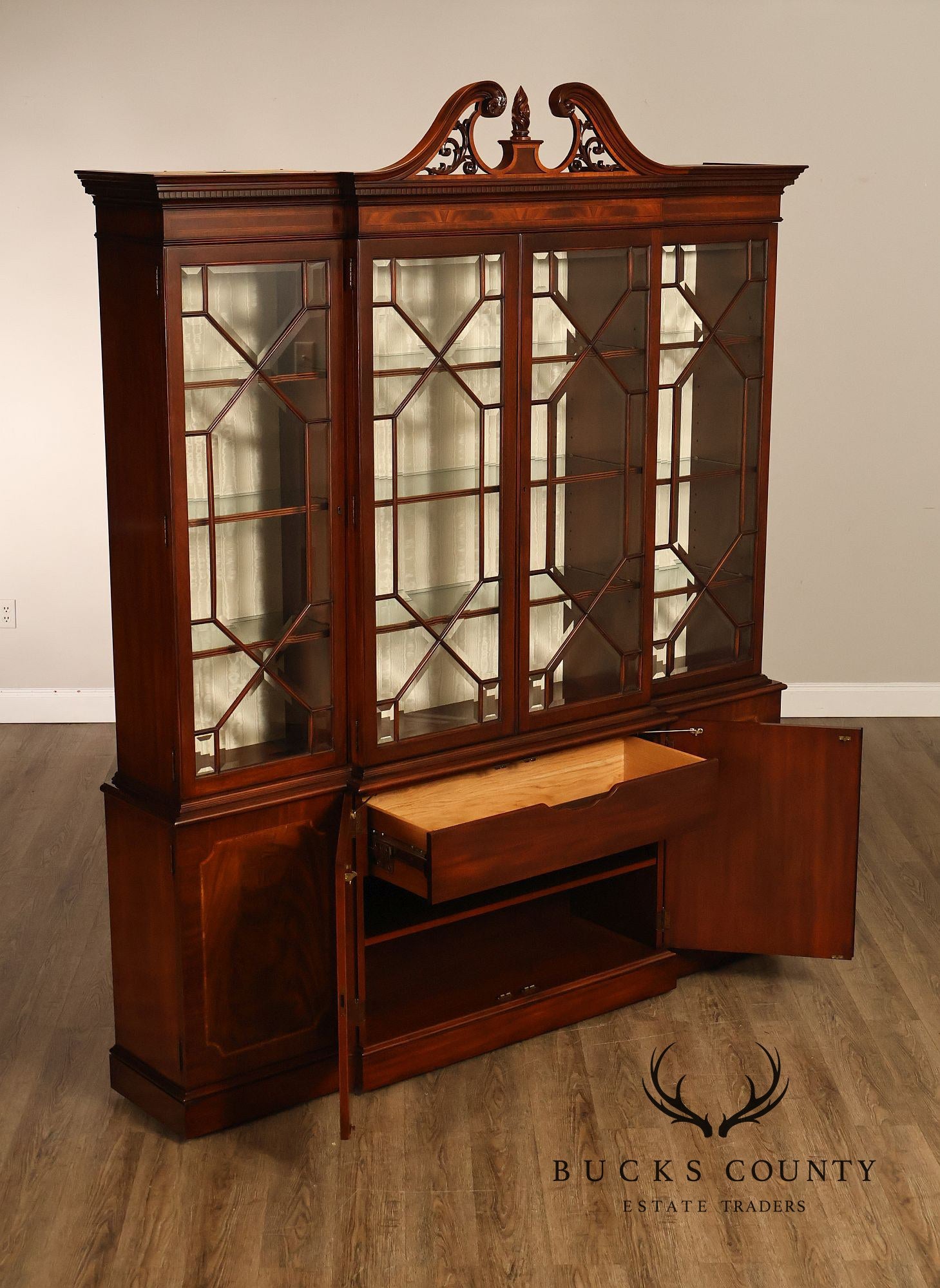 Karges English Style Mahogany Breakfront China Cabinet Display Bookcase with Carved Pediment and Silk Backing
