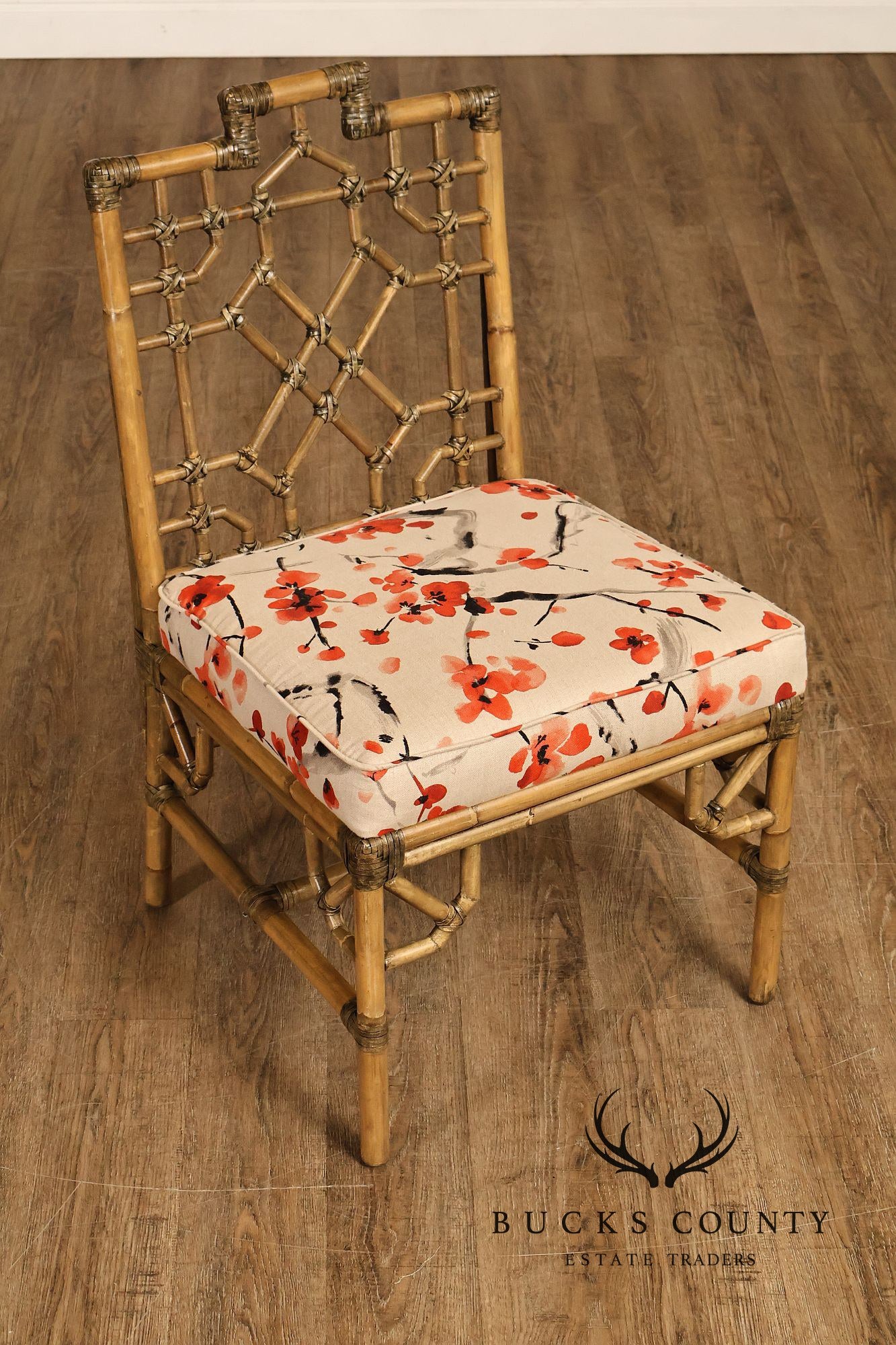 Chinese Chippendale Style Set Of Four Rattan Bamboo Dining Chairs