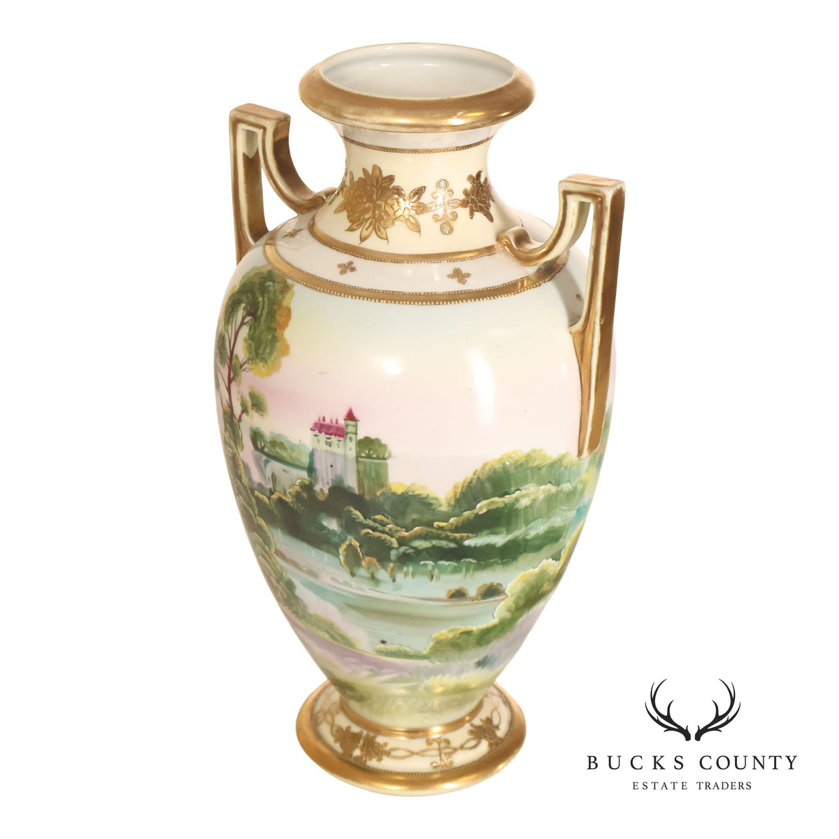 Antique Hand Painted Nippon Porcelain Twin Handle Landscape Urn With Gilt Decoration