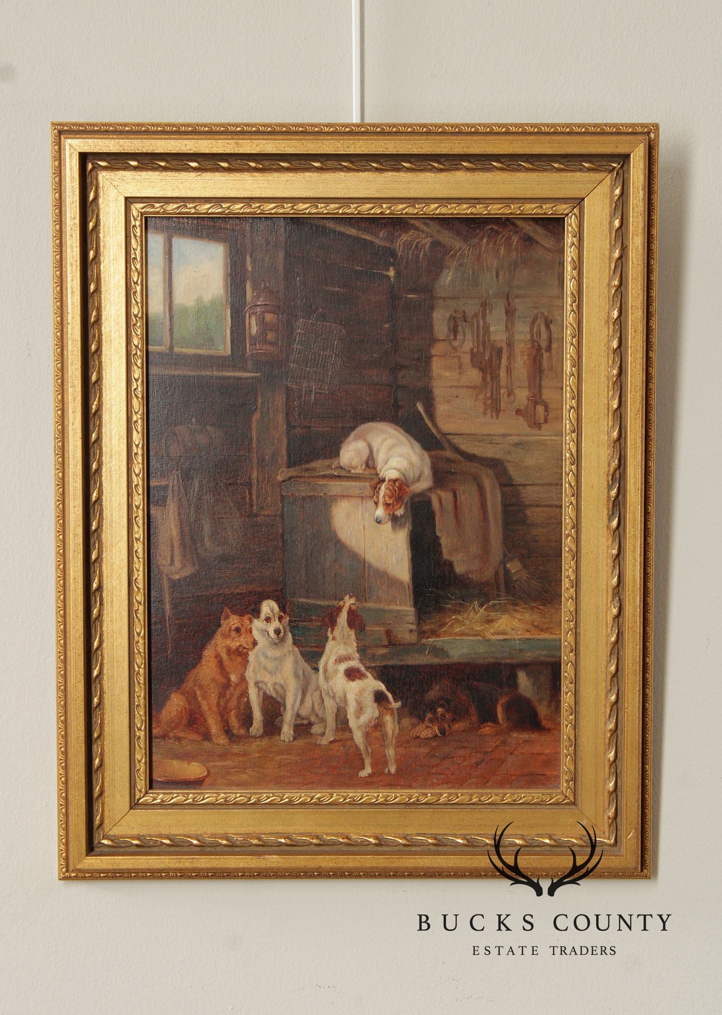 English School Painting on Board, Farm Dogs